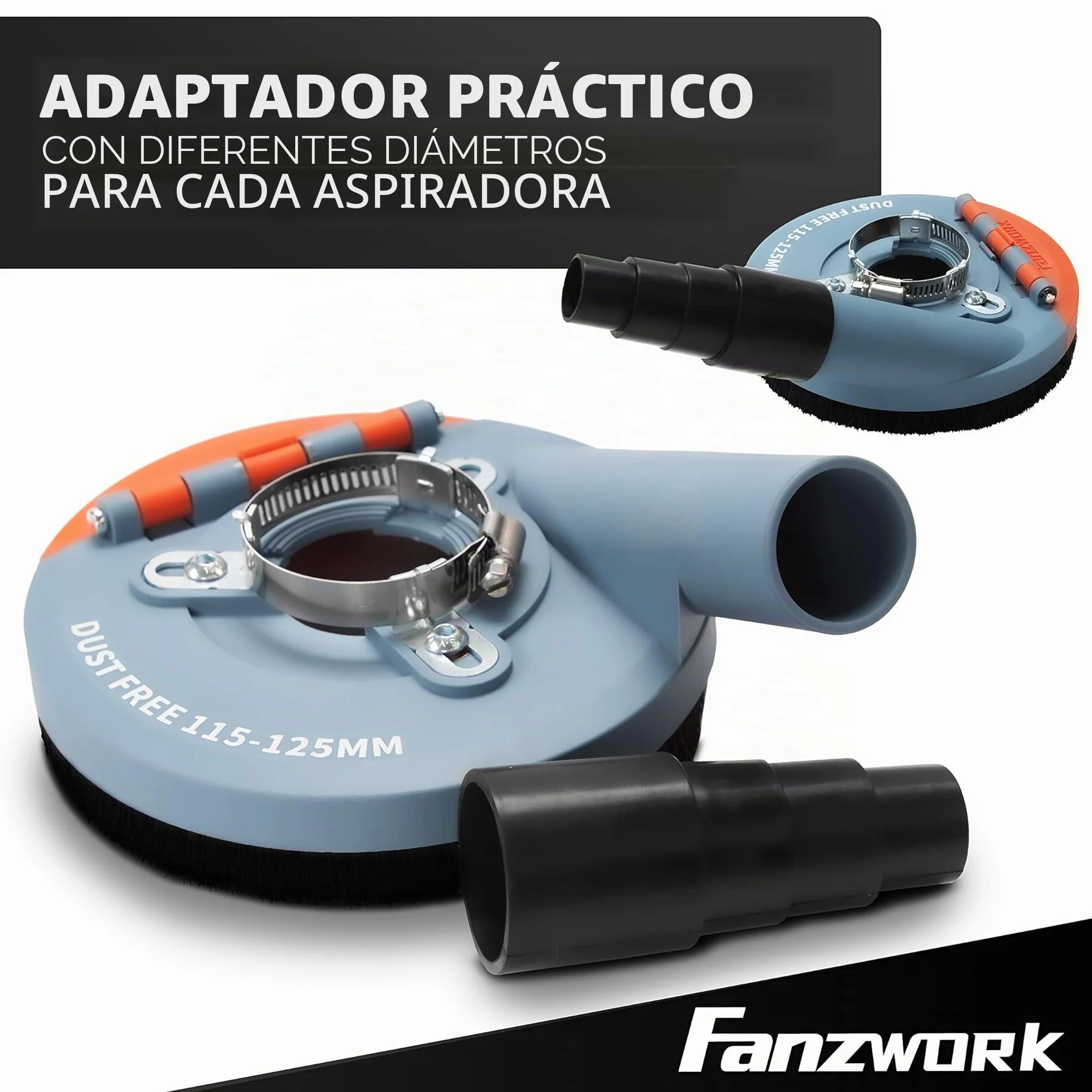 FANZWORK cubierta de aspiración para amoladora angular incl. disco de diamante de 125 mm, Cepillos intercambiables, Compatible en un 99% de forma universal, Anillo adaptador reforzado, Adaptador M14