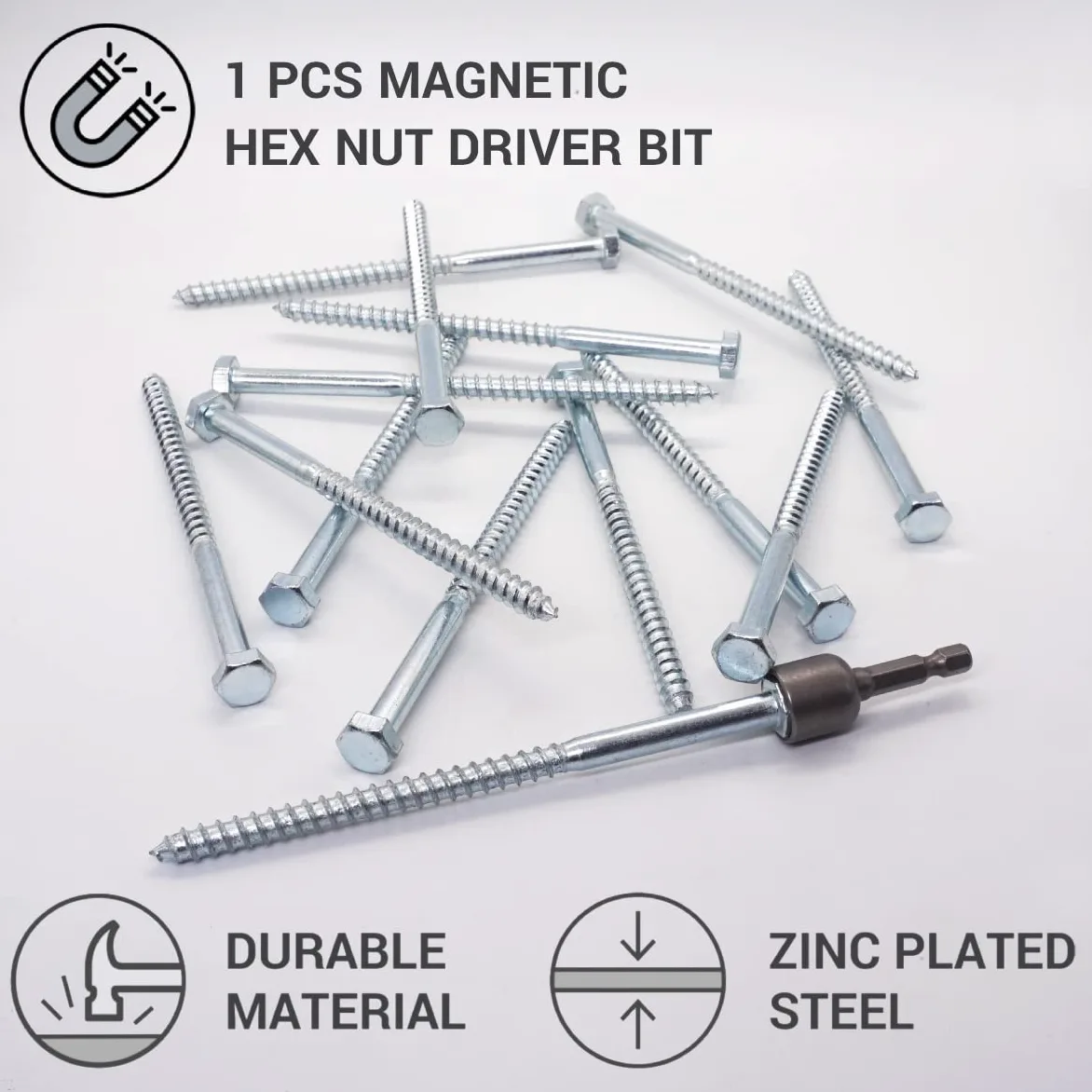 SKIR'CO (40 piezas) DIN 571 Tornillos hexagonales de acero galvanizado para madera M8 x 140 mm, tornillos de coach, tornillos hexagonales, pernos de retardo (con broca hexagonal magnética)