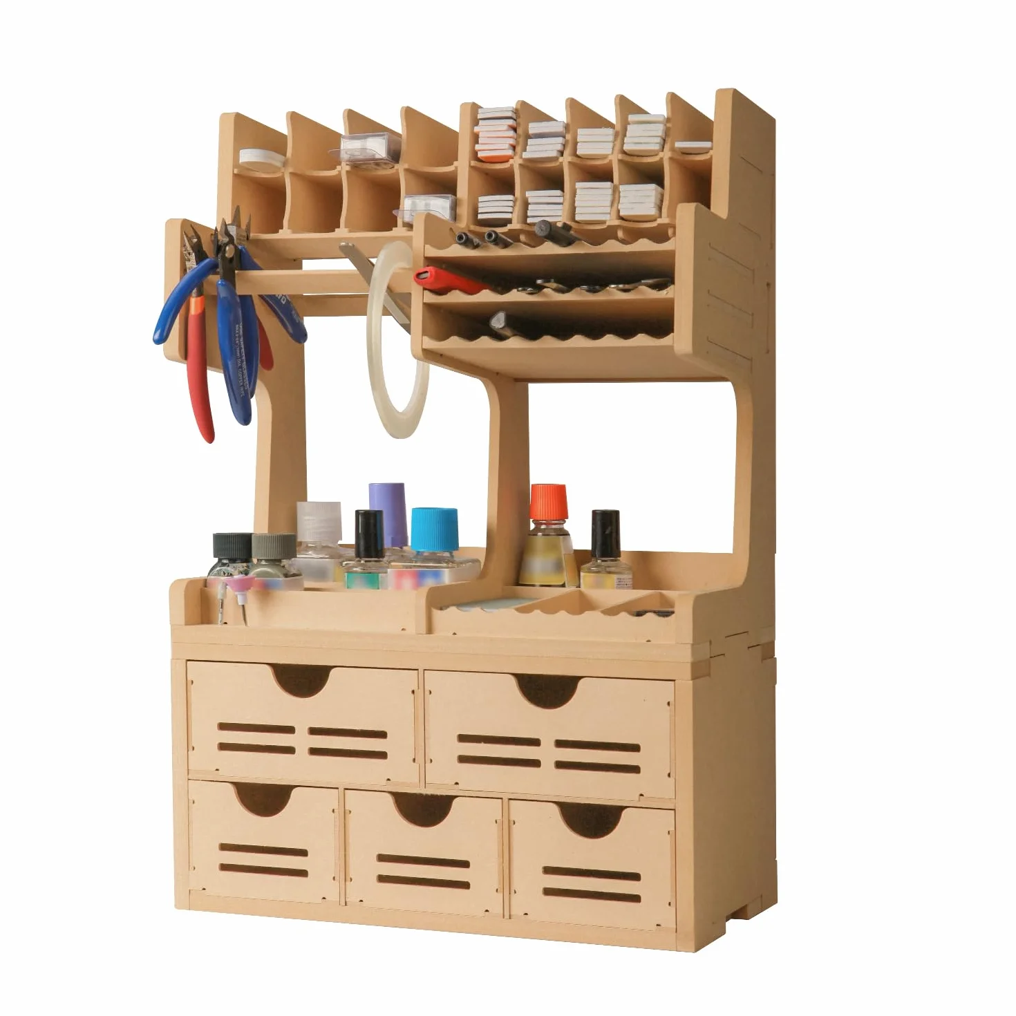 Estantería de plástico para modelismo y pintura, estantería todo en uno para herramientas de modelismo, material MDF, alicates/almacenamiento de pintura, estación de trabajo de montaje GK Plus
