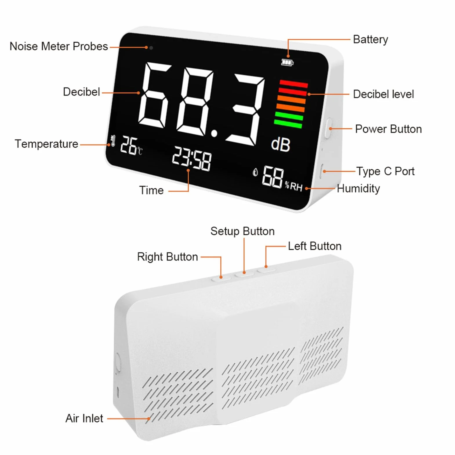 Medidor Digital de Decibelios, Medidor de Nivel de Sonido de Escritorio 30-130dBA con Detección de Humedad de Temperatura, Pantalla LED Medidor de Humedad de Temperatura de