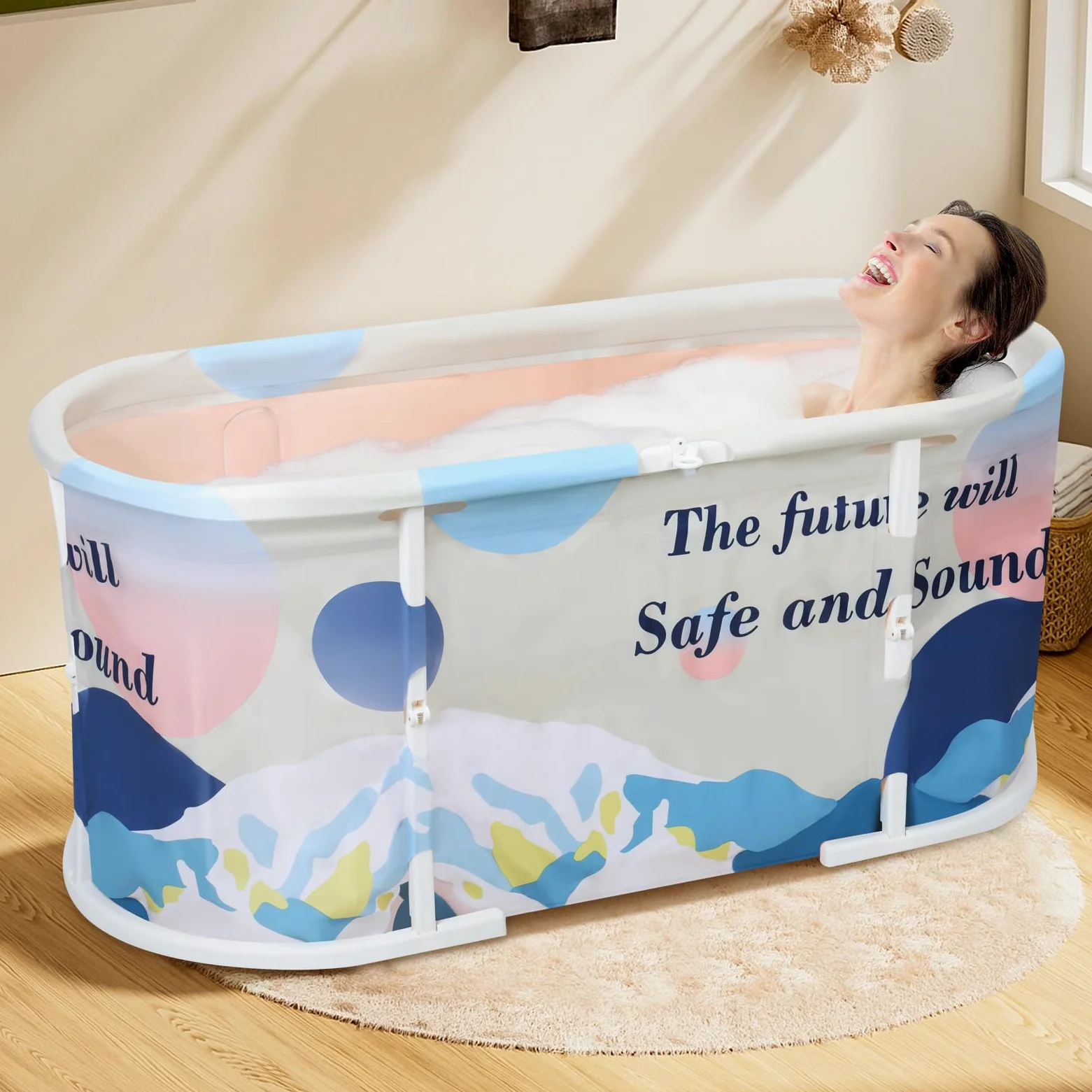 Bañera plegable para adultos de 120 cm, bañera independiente con marco de plástico y doble desagüe, para baño en casa, baño pequeño, ducha, interior exterior (azul claro)