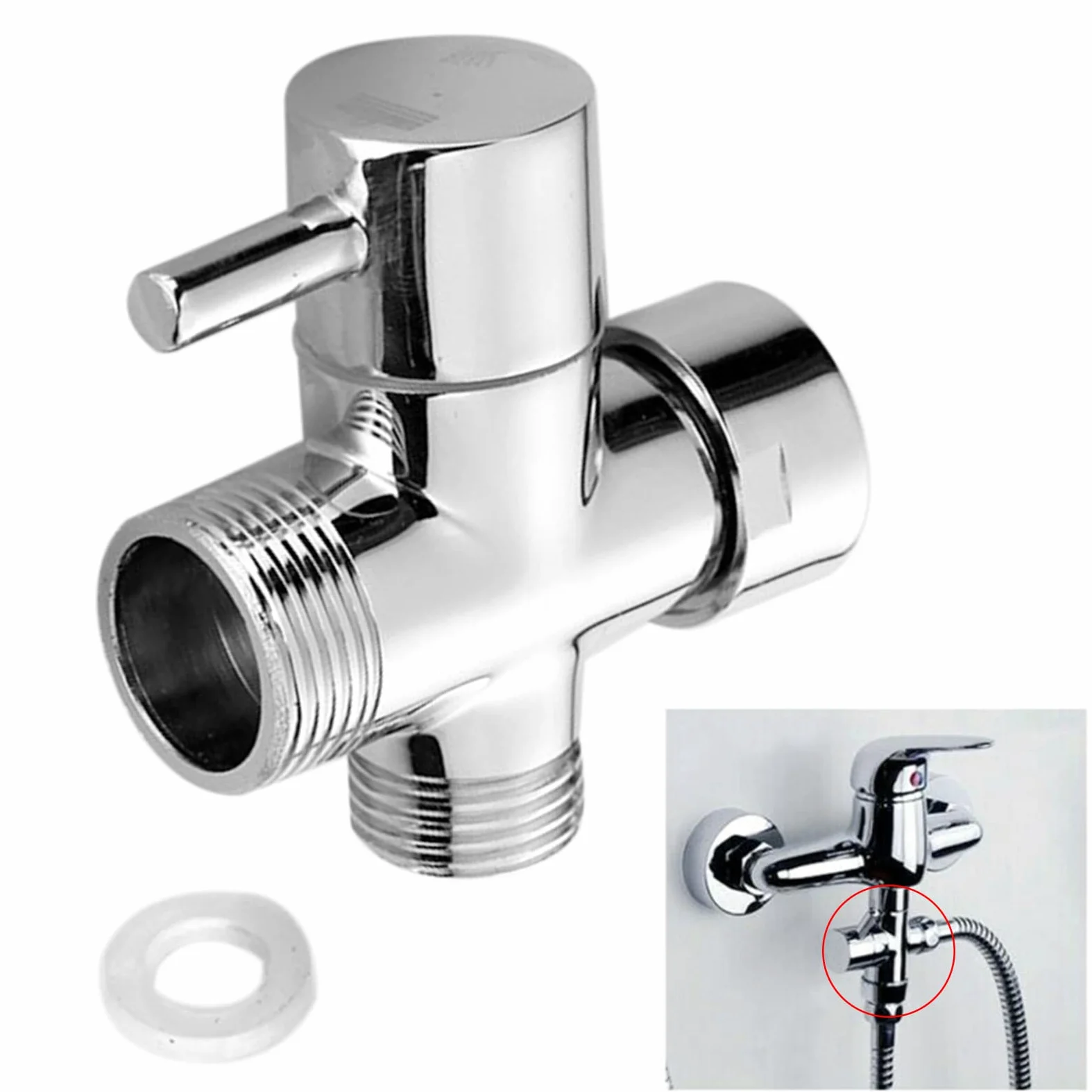 Válvula de inversión de 3 vías - Grifo de ducha - Adaptador de grifo de baño - Cromo pulido - 3/4" 1/2" - Adaptador en T para lavabo, baño, ducha - Cocina