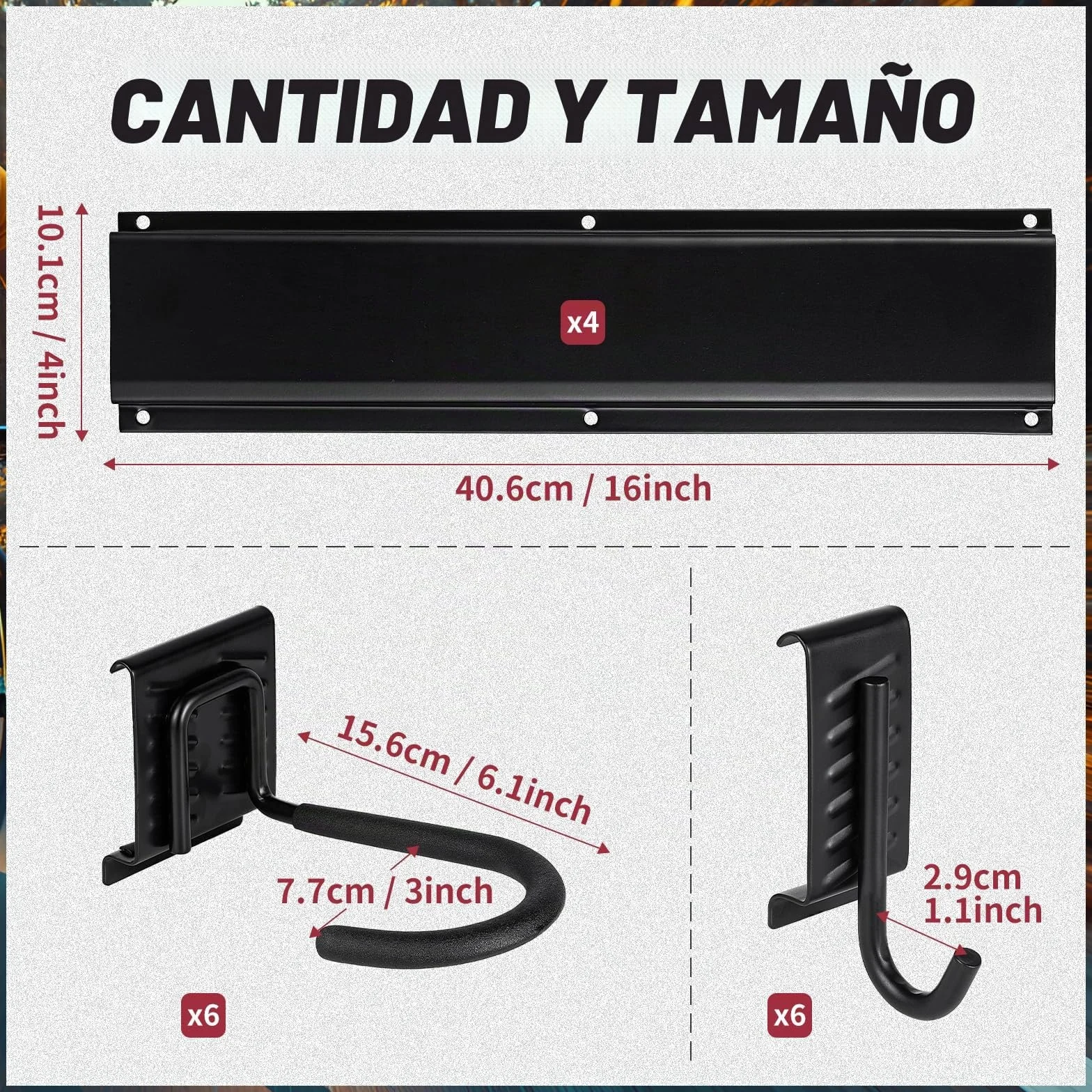 Soporte de pared para bicicletas de garaje, 6 soportes y 6 ganchos, carga 270 kg, 160 cm