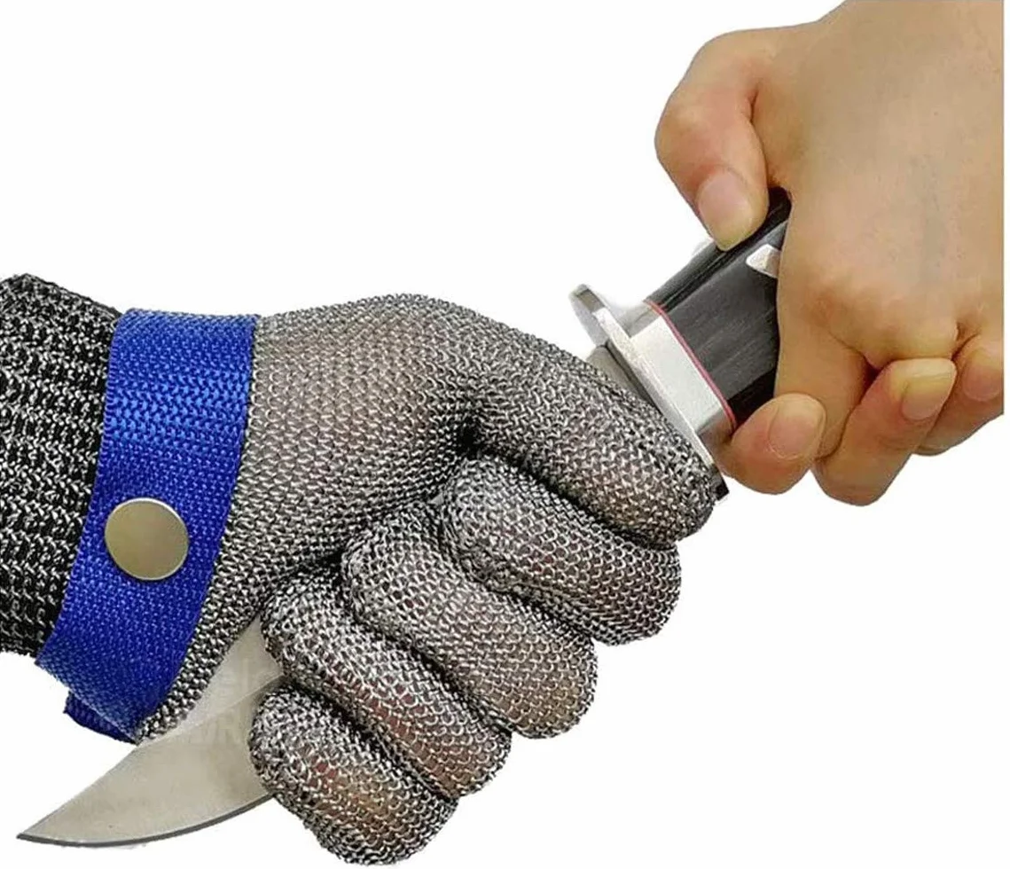 Guante seguridad malla acero inoxidable anticortes nivel 5 protección talle L azul