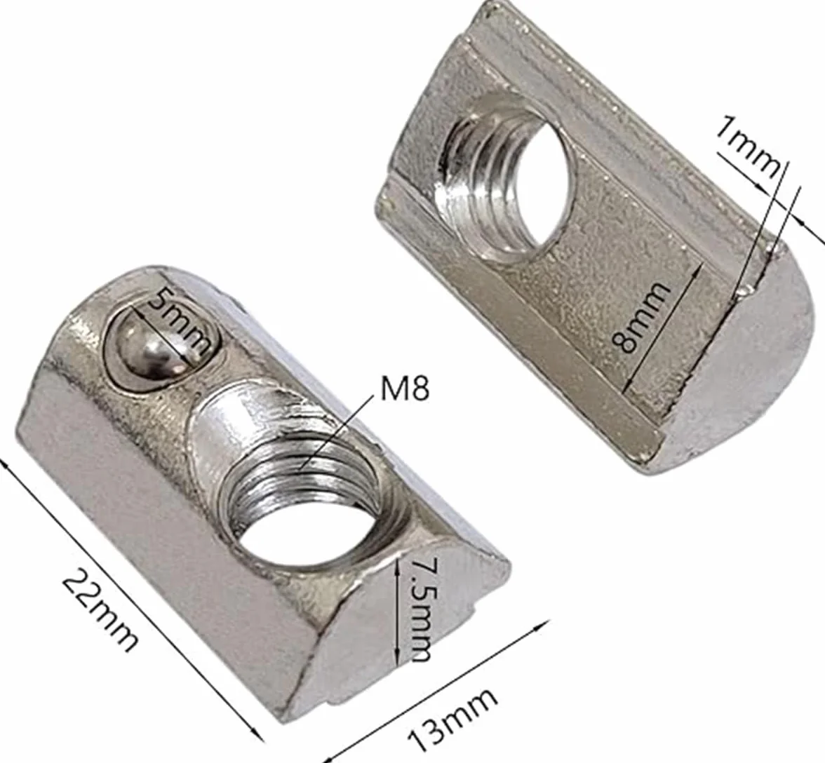 100 tuercas en T de acero al carbono M8, tuercas en T, tuerca de bola 8 para perfiles de aluminio estándar europeo serie 4040 4080, ranuras de 8 mm