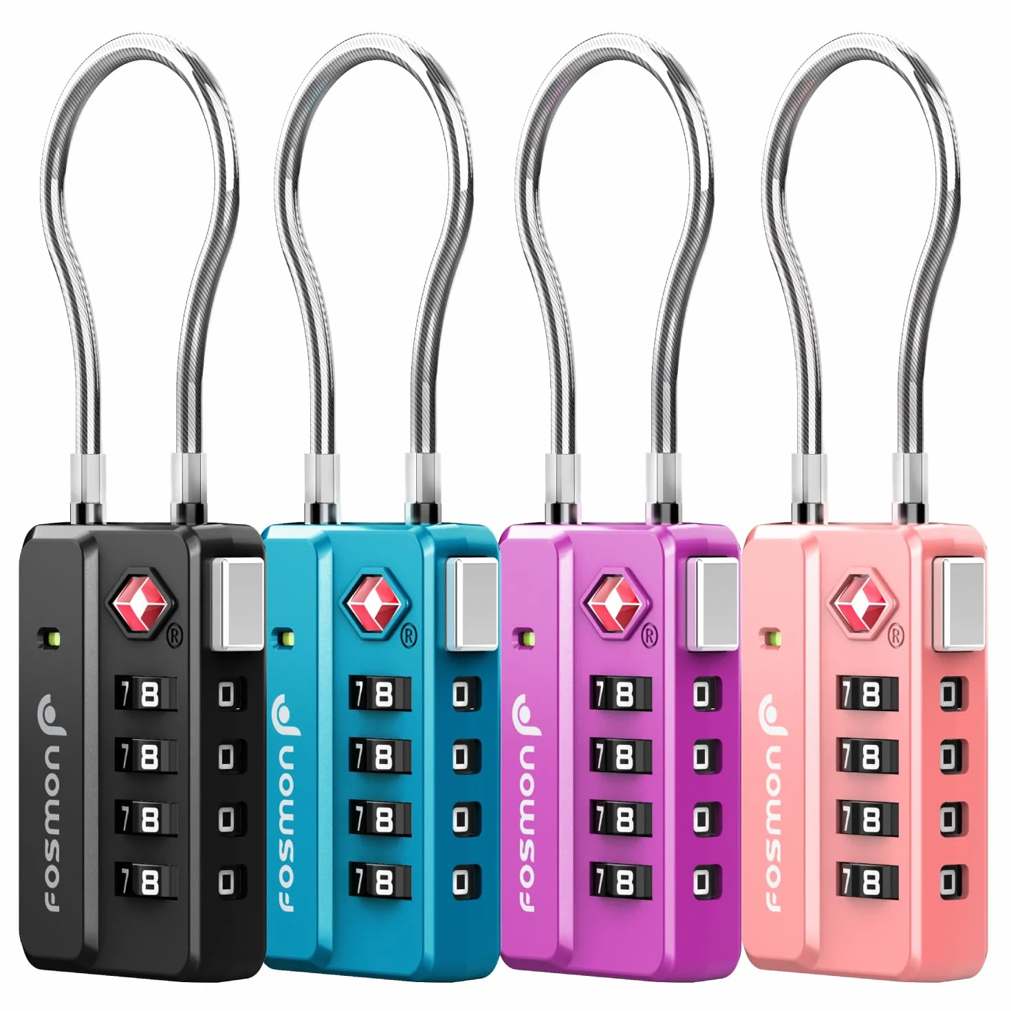 Fosmon Candados TSA con indicador de apertura – Combinación de 4 dígitos para maletas, mochilas, equipaje de mano y taquillas (4 uds, Negro, Azul, Morado, Rosa)