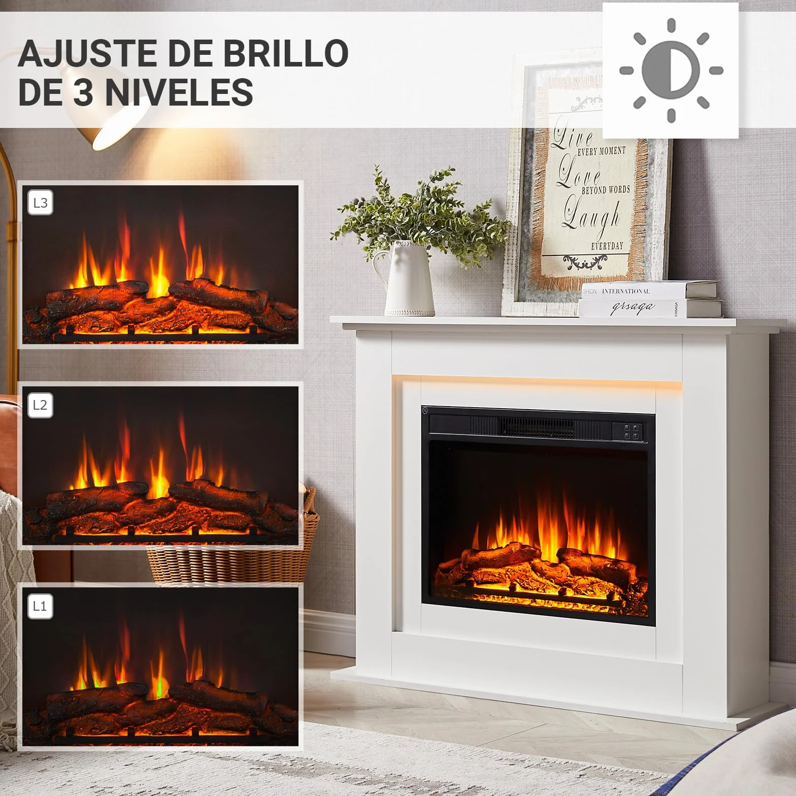 BALDERIA Finn - Chimenea eléctrica con Mueble Blanco, Estufa eléctrica bajo Consumo