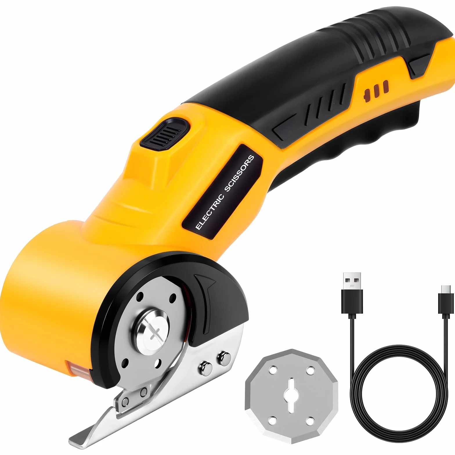 HOTUT Tijeras Eléctricas Sin Cable, Cúter Circular, Mini Cutter Eléctrico, Recargable Con Diseño De Corte Rotativo, Carga USB, Gatillo Extralargo, Luz LED,Cortador Alfombras Y Cartón