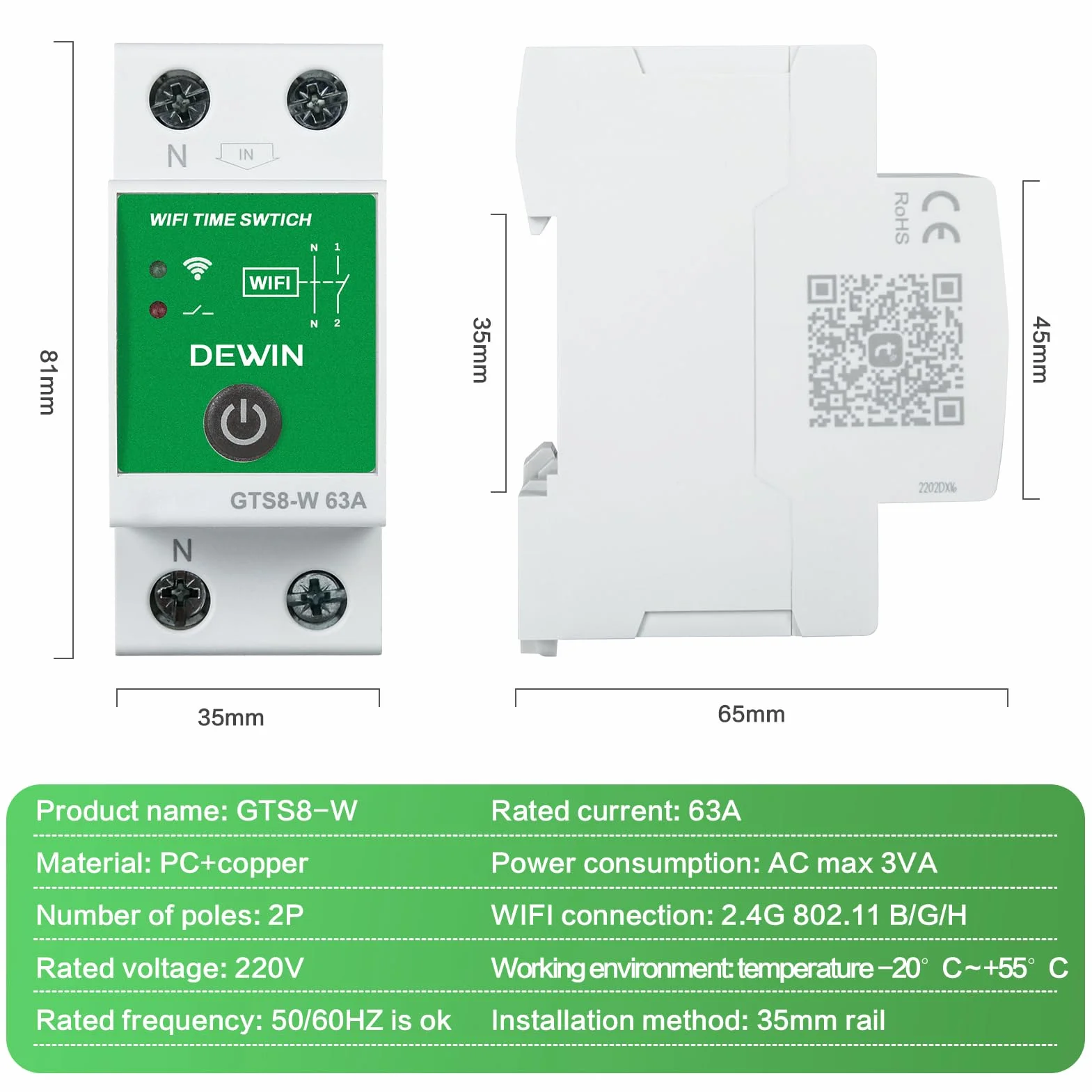 DEWIN WiFi Temporizador Inteligente, 2P CA 230V 63A Rele WiFi Interruptor Inteligente Tuya App Control Temporizador con Programación Instalación en Carril DIN GTS8-W