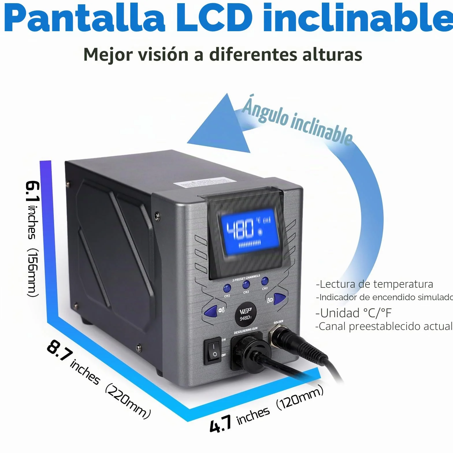 WEP 948D-I 110W Estacion de desoldadura de alta potencia con 4 boquillas de desoldado, control de temperatura con 3 canales preconfigurados, pantalla inclinable, a prueba de ESD(EU)