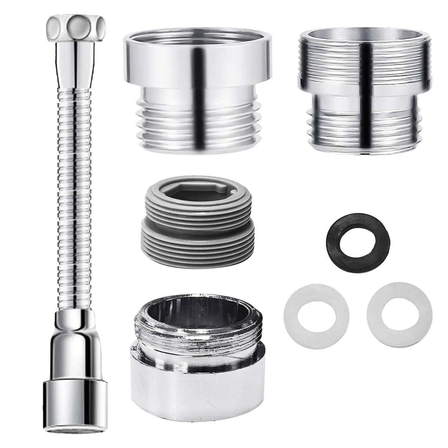 KRYMSON 1 extensión de grifo (20 cm, acero inoxidable) y 2 adaptadores de grifo (24 mm/22 mm exterior, 20 mm interior), adecuado para cocina, baño, inodoro