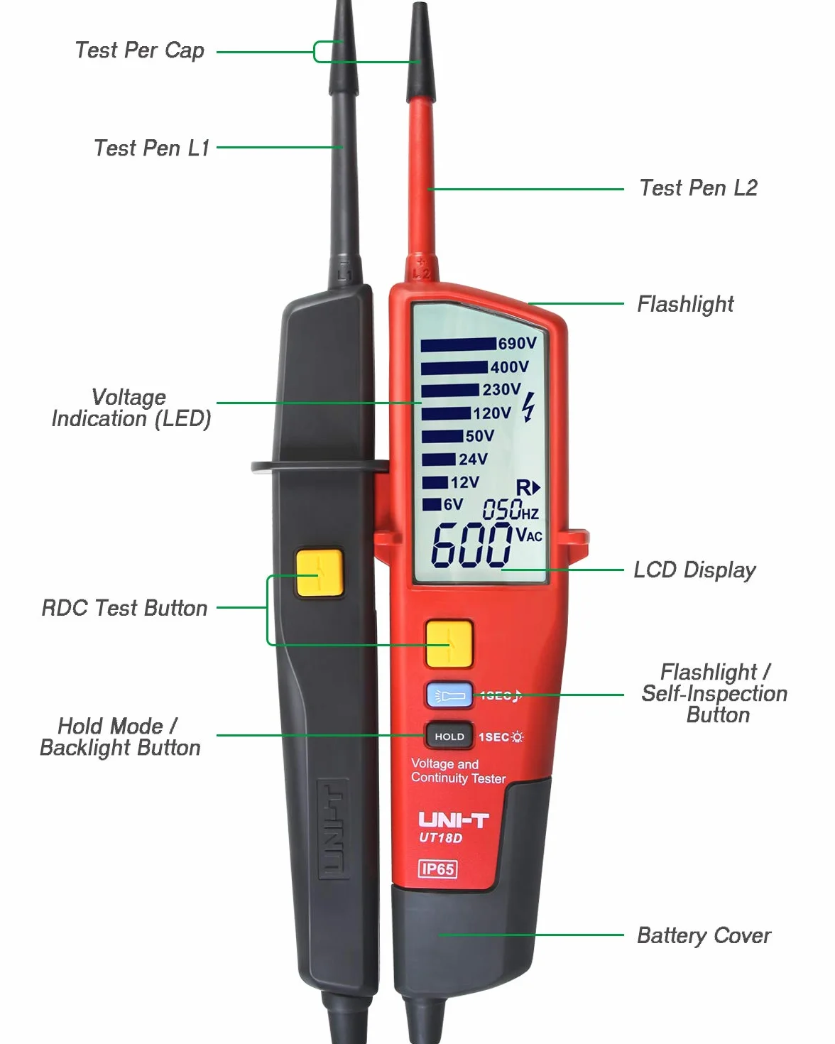 UNI-T UT18D Probador de Voltaje y Continuidad Impermeable Comprobador de Tensión de Rango Automático con Prueba de RCD y Rotación de Fase, Iluminación incorporada
