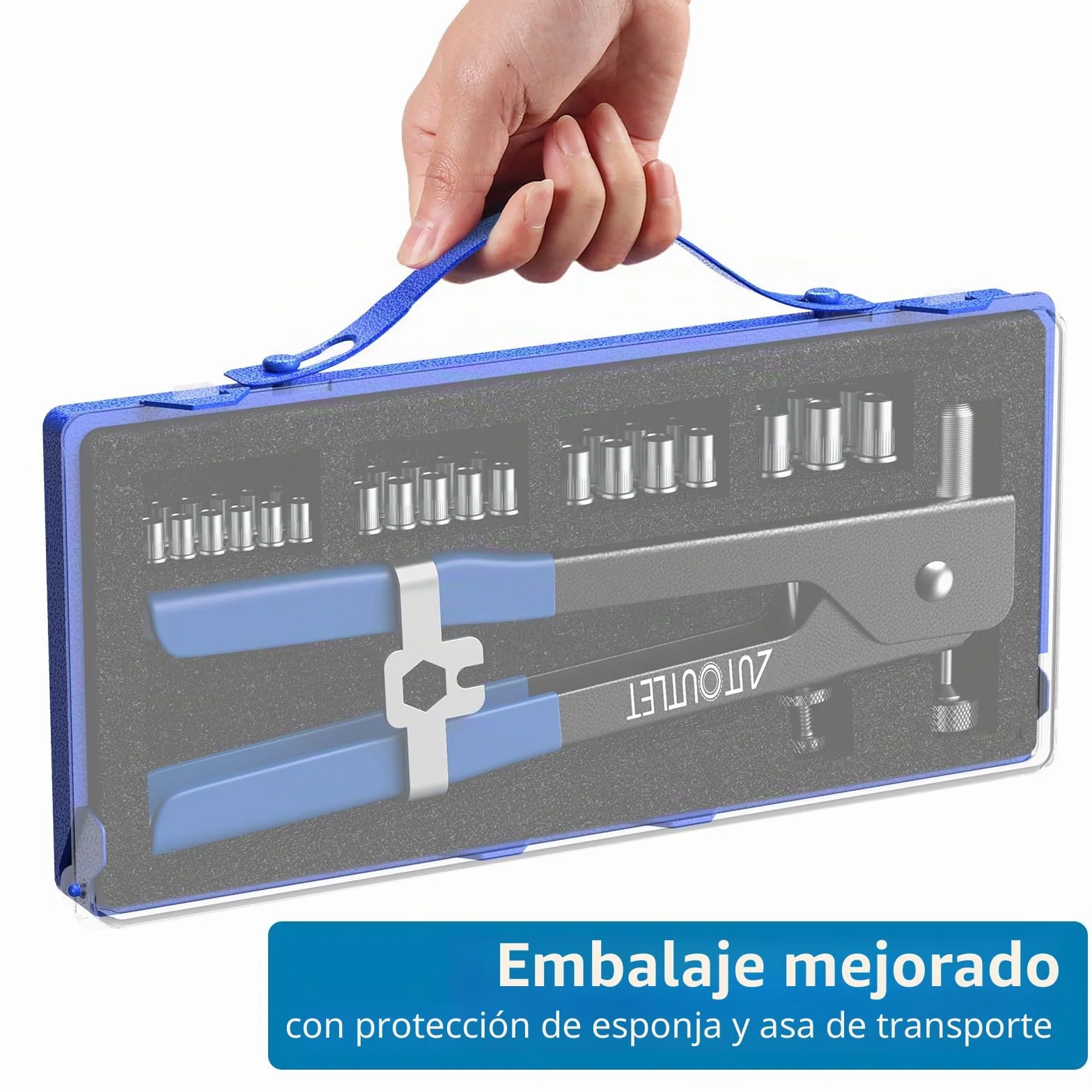 AUTOUTLET - Juego de 86 Pinzas para Tuerca de Remache con Mandriles M3, M4, M5, M6, M8 y 80 Tuercas de Remache, Pinza de remachar roscada de 25,4 cm, Pinza para remachar Ciego, Azul
