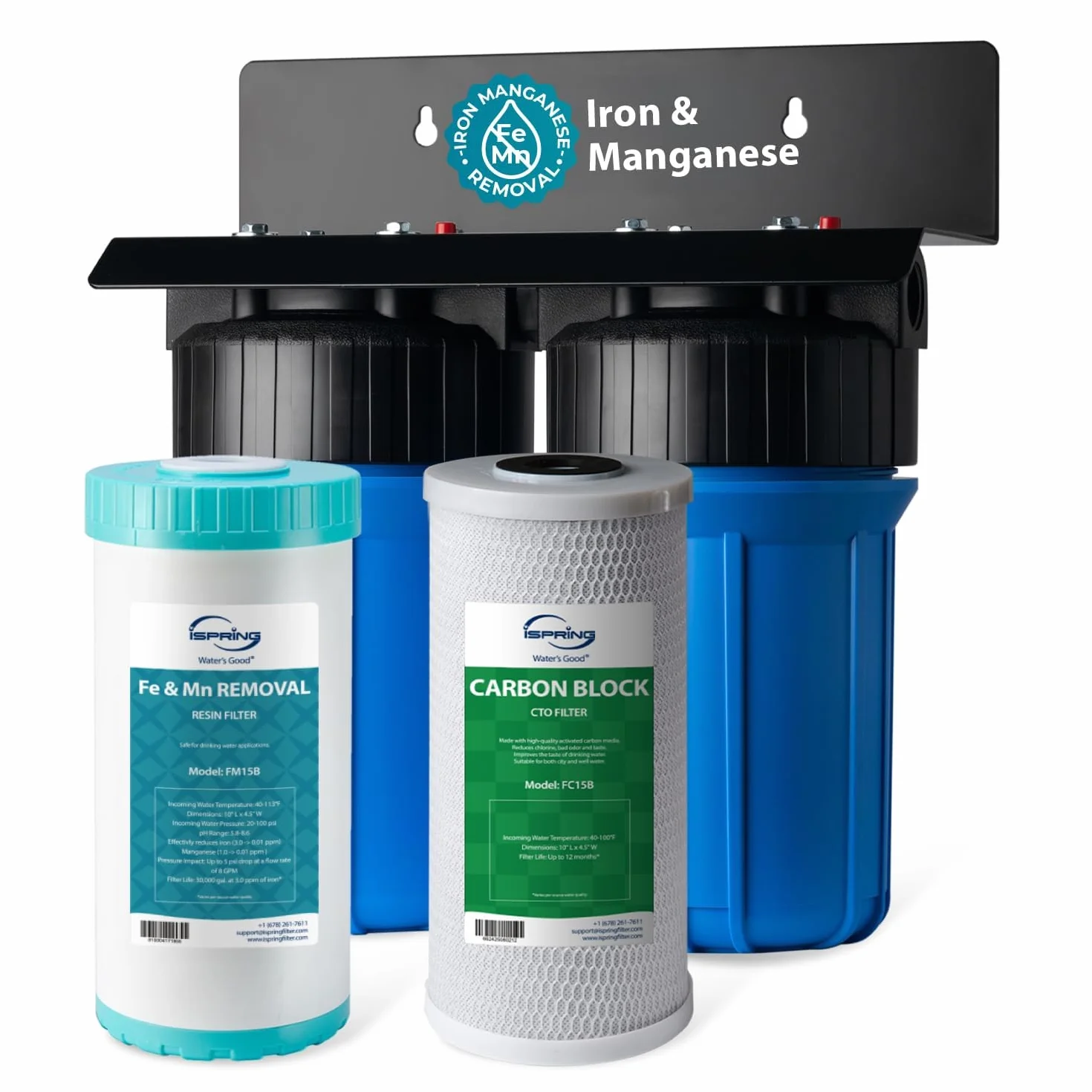 iSpring WGB21BM Filtración de Agua para Toda la Casa de 2 Etapas, Filtro Agua Entrada General, Bloque de Carbón de 10" x 4.5" y Filtros Reductores de Hierro y Manganeso, Puertos de 1"