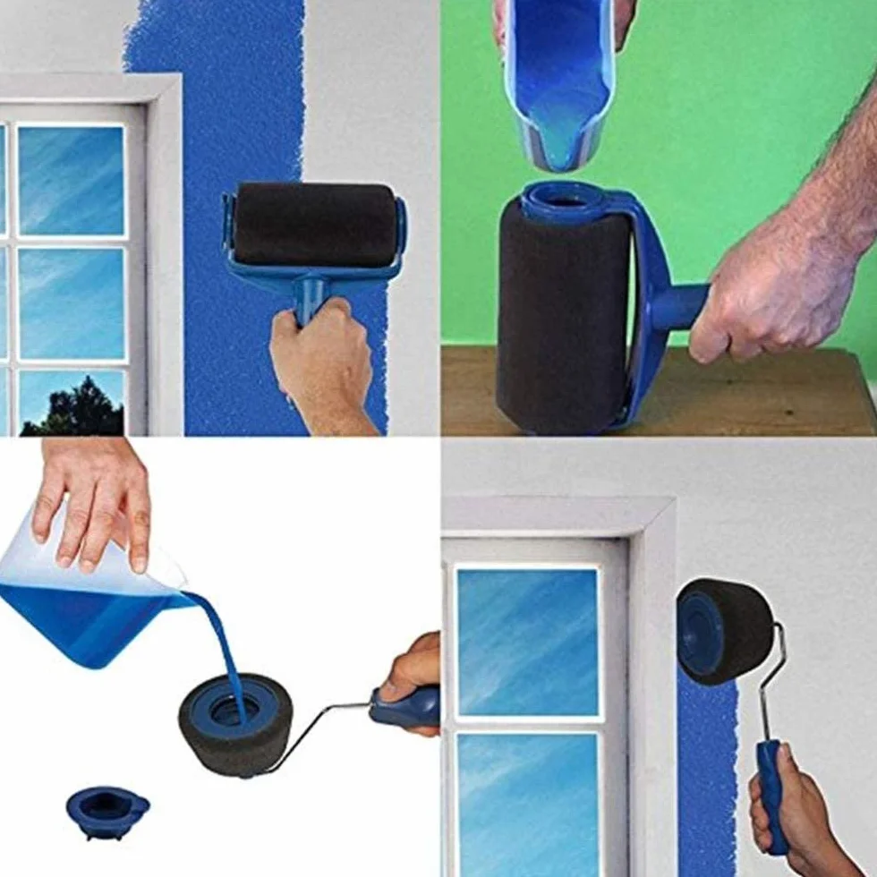PL Set - Rodillo de pintura antigoteo, sistema de pintura impermeable con fácil flujo, incluye extensión de pintura y boquilla de vertido, ideal para mejoras del hogar, color azul