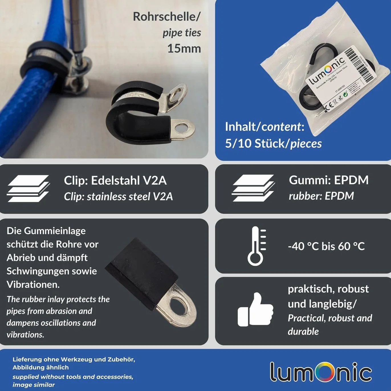 Lumonic abrazaderas de tubo 15mm acero inoxidable V2A con inserto de goma