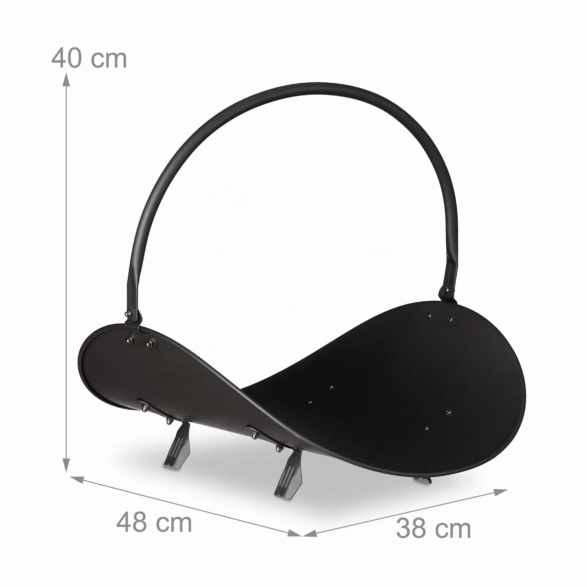 Relaxdays Cesta para Leña Moderna con Asa, Canasto Chimenea, Almacenaje Madera y Transporte, Acero, 40x38x48 cm, Negro