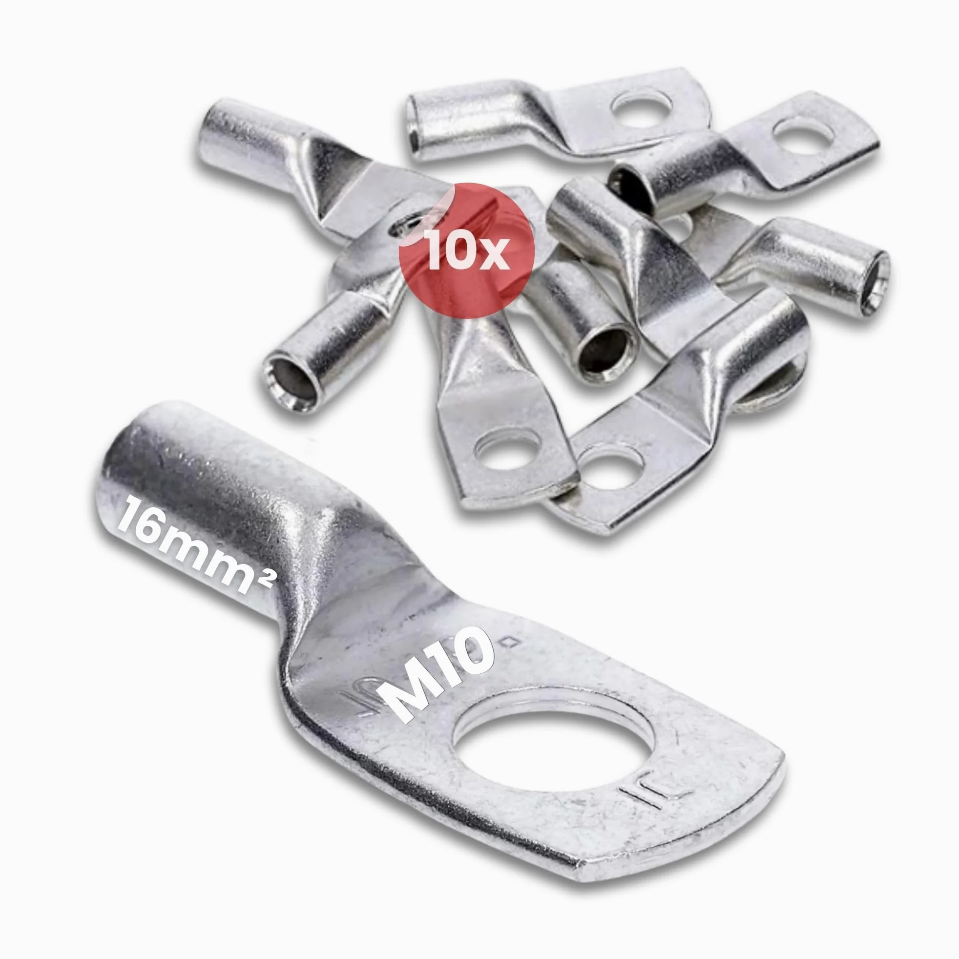 Kalitec 10x Terminales de Cable Tubular 16 mm² M10, Conector de Cobre | Terminales de compresión galvanizados para instalaciones eléctricas en coche, sistemas solares y hogar, sin orificio visual