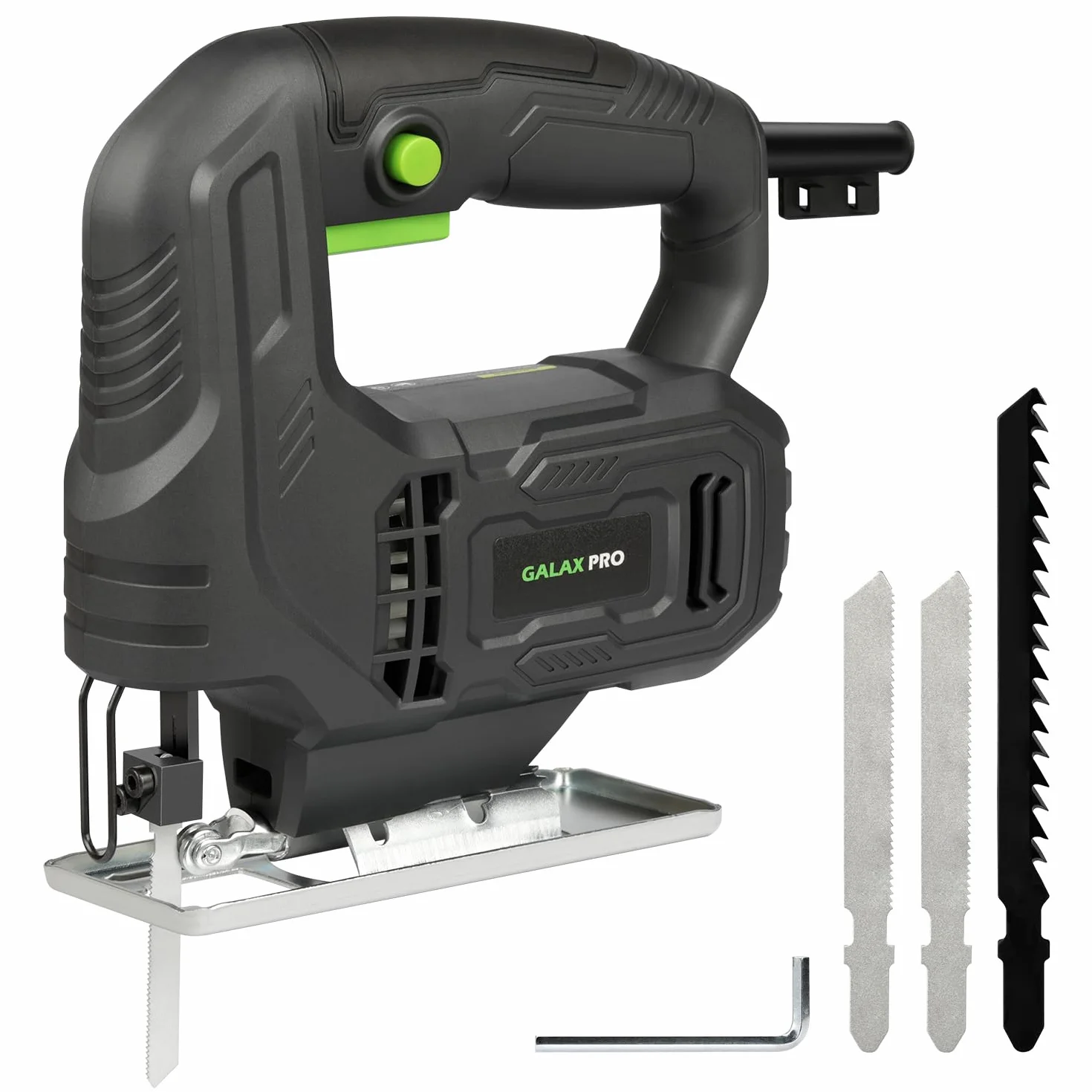 GALAX PRO Sierra de Calar con cable 400W, 3000 RPM, Corte bisel a -45°/+45°, botón de bloqueo, incluye hojas para madera y metal