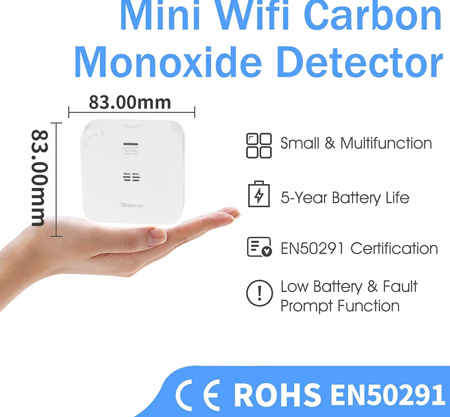 HEIMAN Detector de monóxido de carbono Wi-Fi con conexión WiFi con aplicación Tuya y Smartlife, norma EN50291, detector de CO portátil para casa, coche, tienda de campaña, vehículo (WS-720ES)