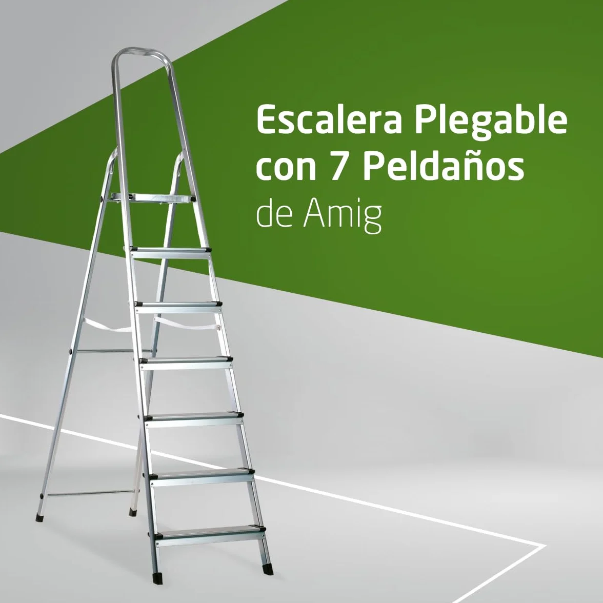 Amig - Escalera Plegable con 7 peldaños - Fabricado en Aluminio - Medida de Peldaños Pequeños 28 cm x 8 cm - Medida de Peldaño Grande 25 cm x 25 cm x 28 cm - Uso Doméstico - Carga Máxima: 150 kg