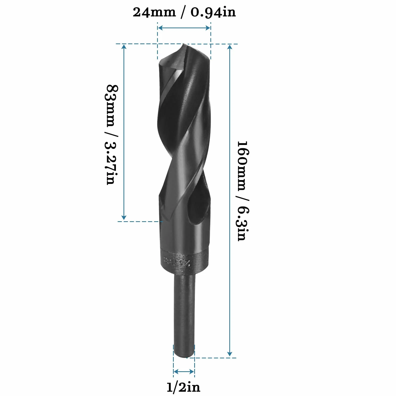 QUARKZMAN 1/2" Vástago 24mm Taladro Barrena x 1uds Alta Velocidad Acero 9341 Reducido Vástago Helicoidales Brocas para Industria Hogar Aluminio Metal, [Nitruro Revestido, Negro]