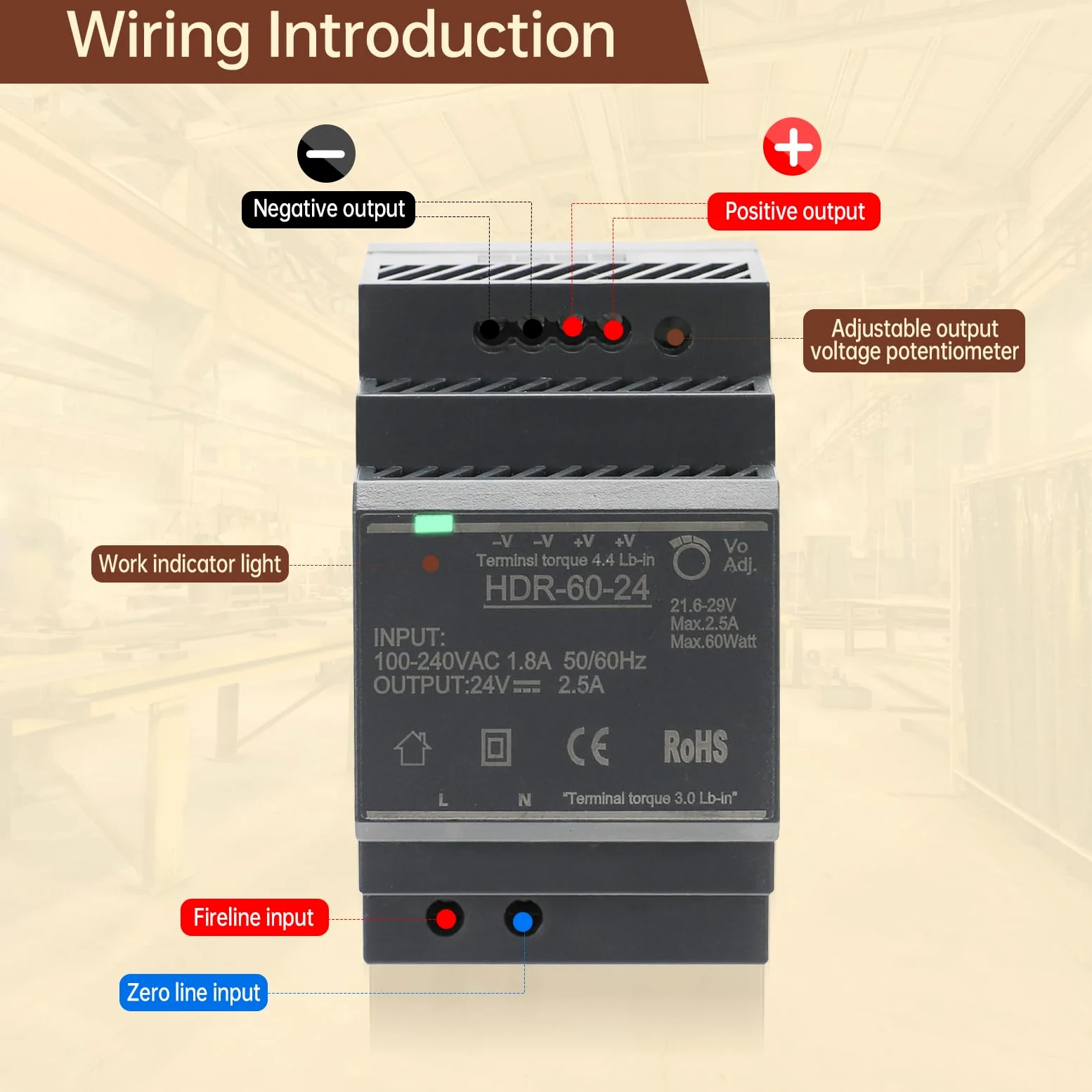 Fuente de Alimentación para el Montaje de Rayos de Sombra 24V 2.5A 60W Transformador de Red de Conmutación AC a CC para la Industria Iluminación y Automatización LED HDR-60-24