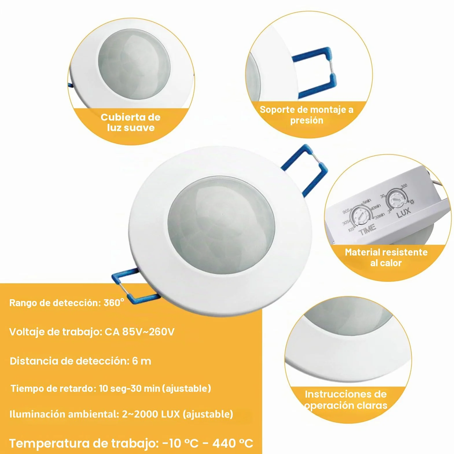 Detector de Movimiento Interior Empotrado Techo 360° 230V Sensor Presencia Ajustable 10s–30min para Lámparas LED