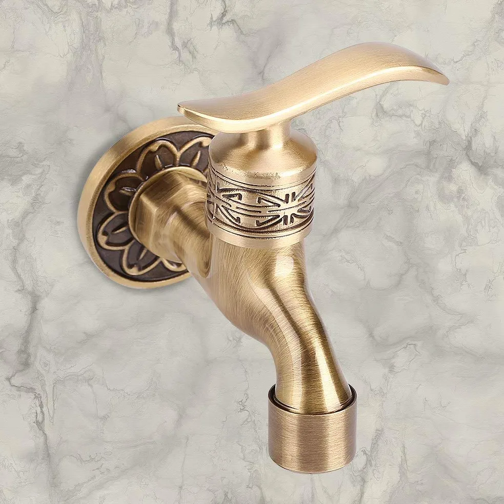 Grifo de Agua Fría Latón Antiguo Montado en Pared con Manija Palanca, Ideal para Lavadora Baño Jardín Piscina
