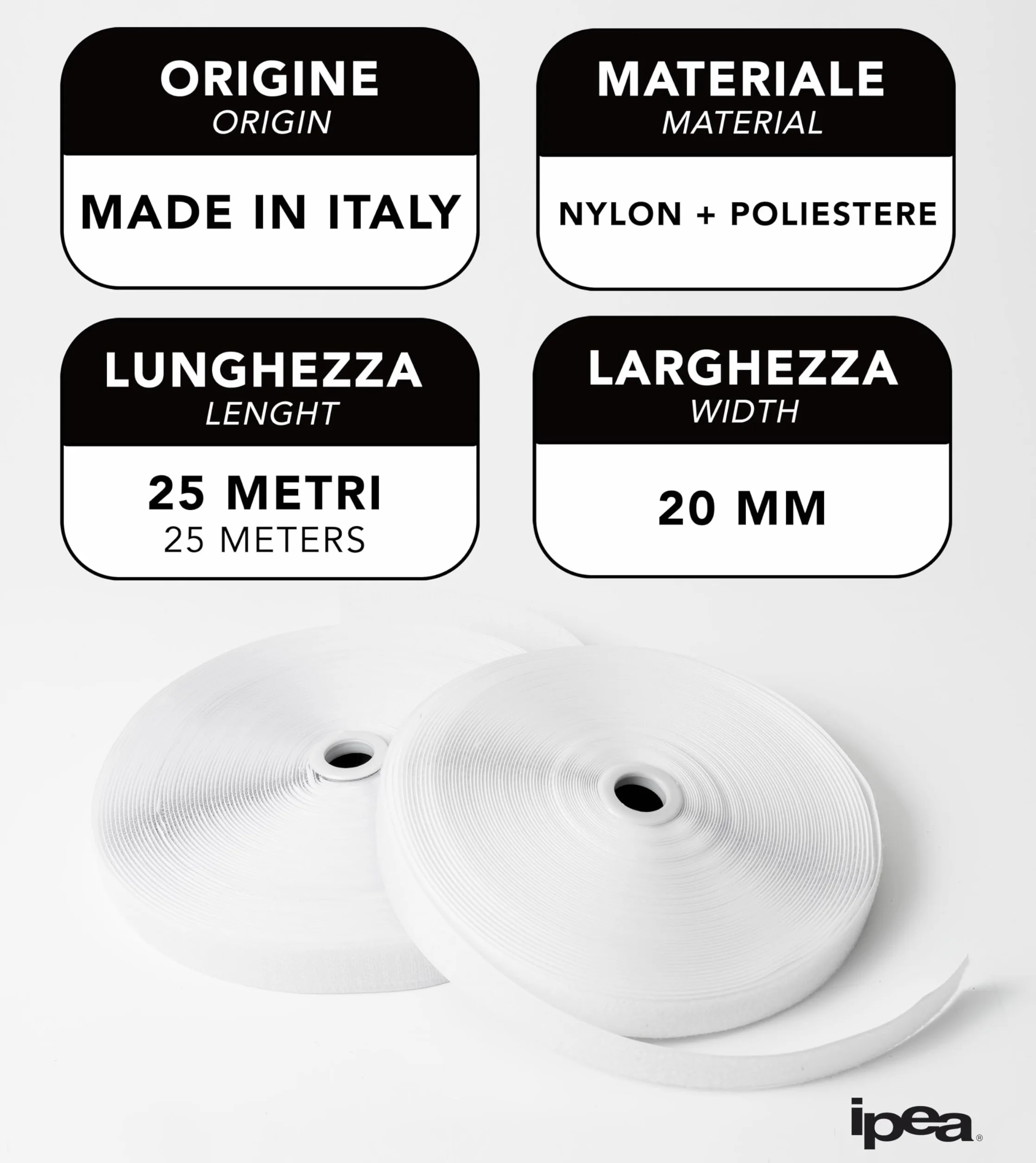 IPEA Cinta de velcro para coser, 20 mm, color blanco, 25 metros de longitud, fabricada en Italia, no adhesiva, velcro de costura para decoración, ropa, gancho y anillo