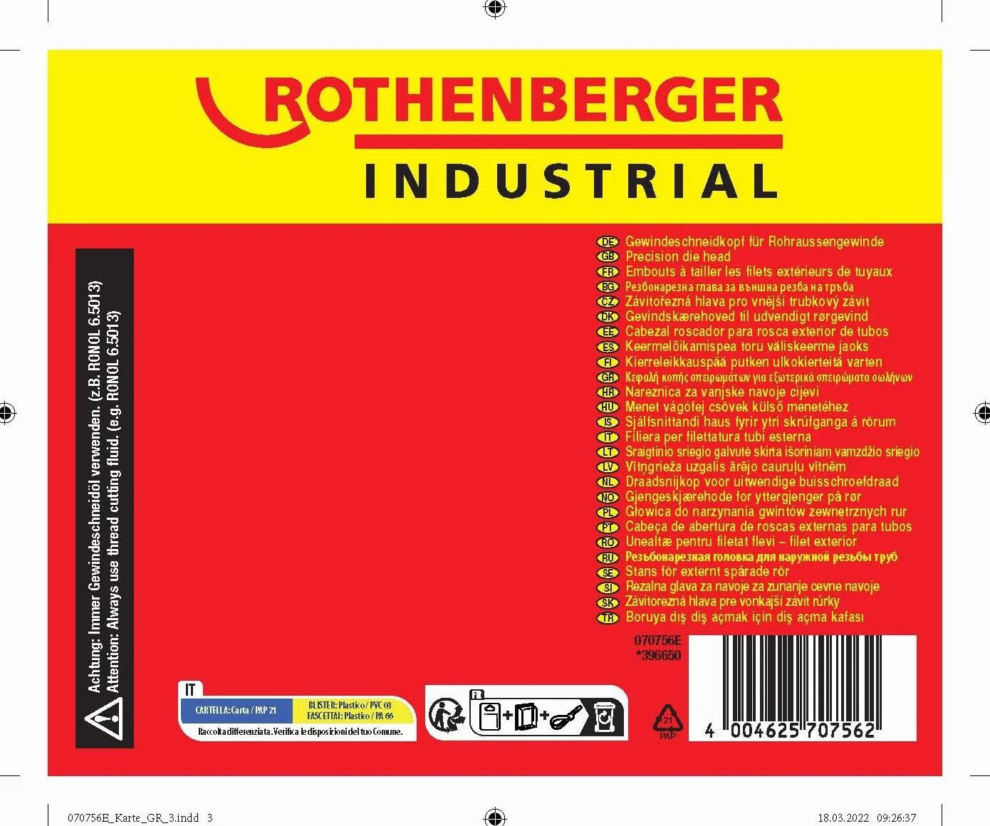 ROTHENBERGER Cabezal de corte de rosca industrial Ø 1/2" para roscas cónicas 070756E