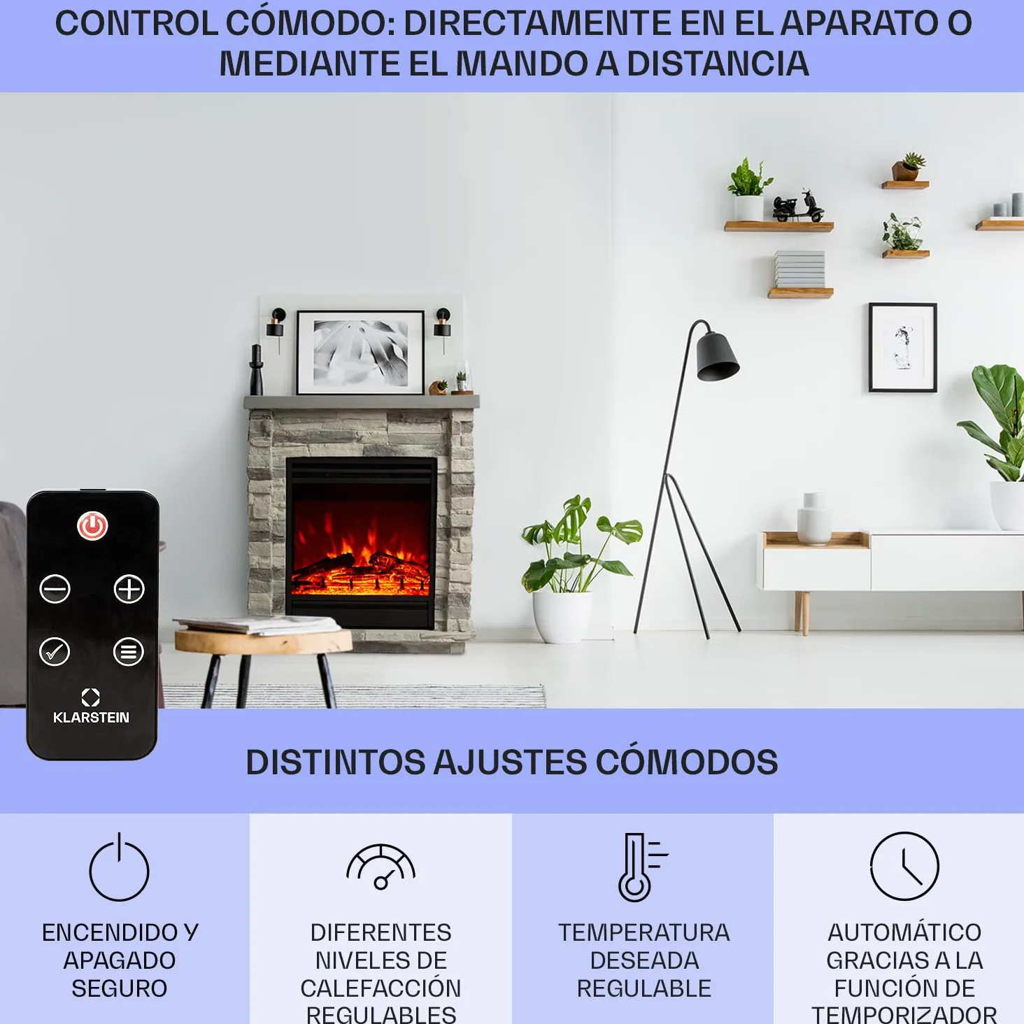 Klarstein Chimenea Electrica Bajo Consumo Pared, Estufa sin Leña de Interior, Chimeneas Electricas Decorativas 1800W, Llama LED, Chimenea Decorativa con Mando, Temporizador y Efecto Real Troncos