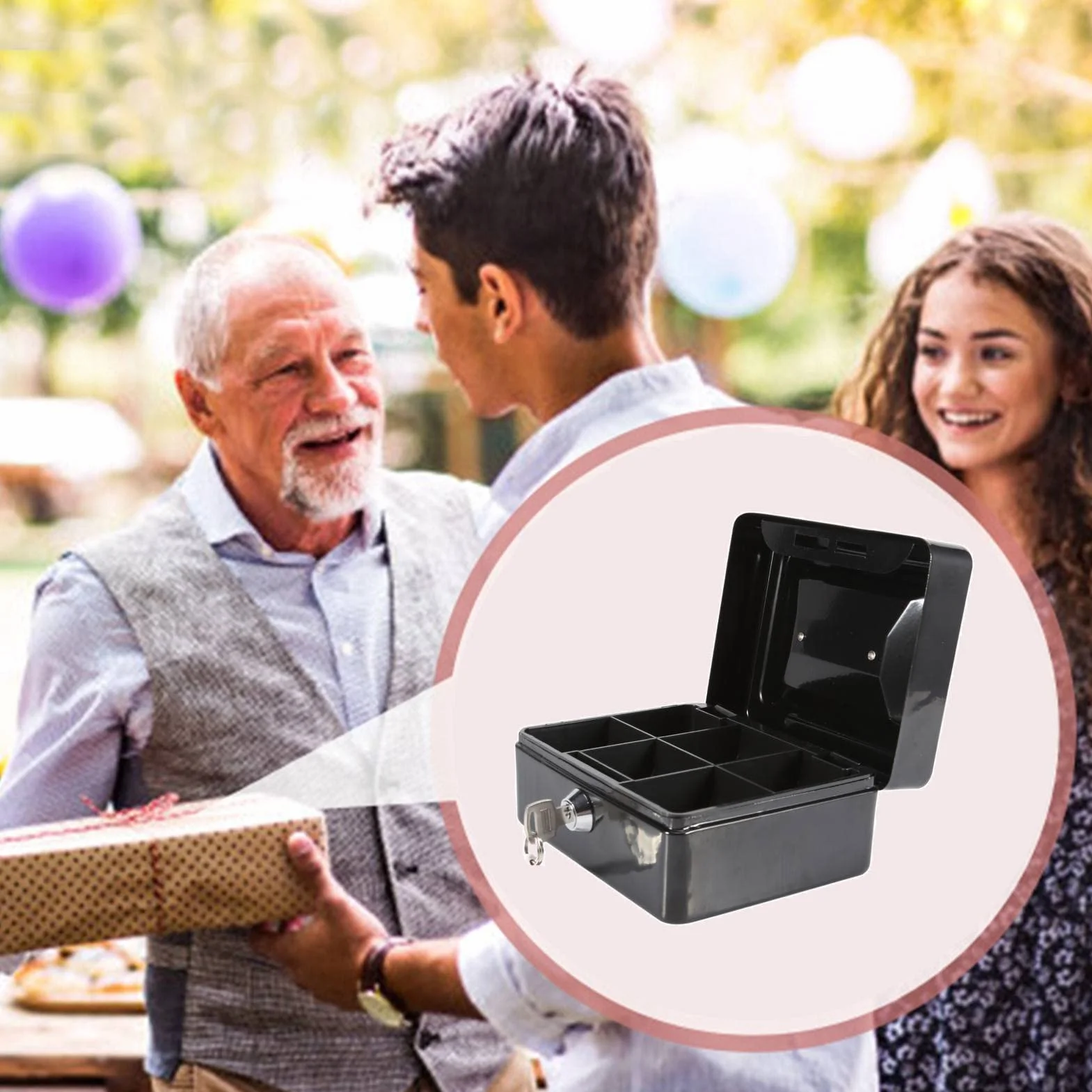 Caja impermeable ignífuga con cerradura de llave, mini caja fuerte portátil de acero Petty, negra