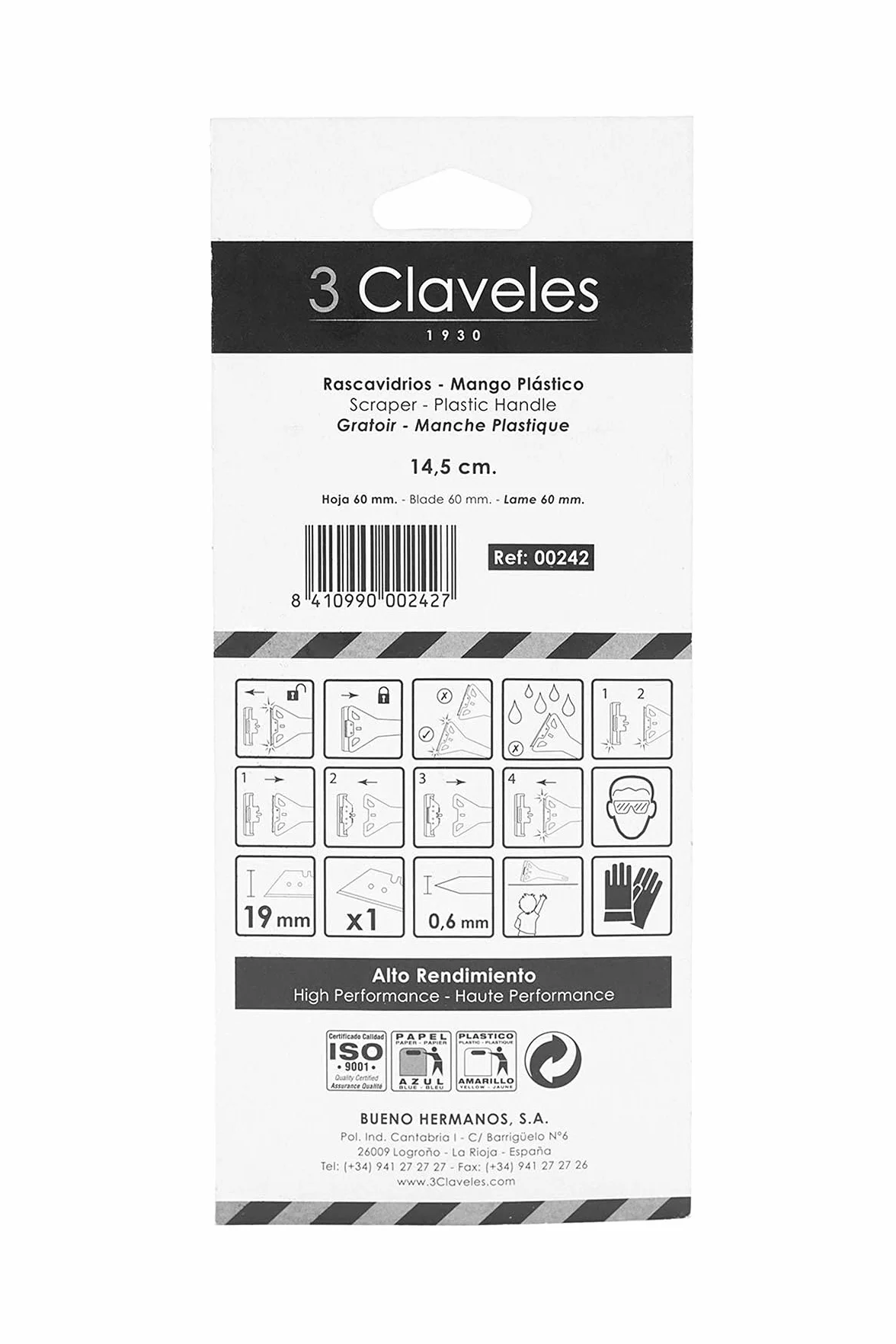 3Claveles 242 - Rasca vidrio de 14,5 cm, hoja de 60 mm