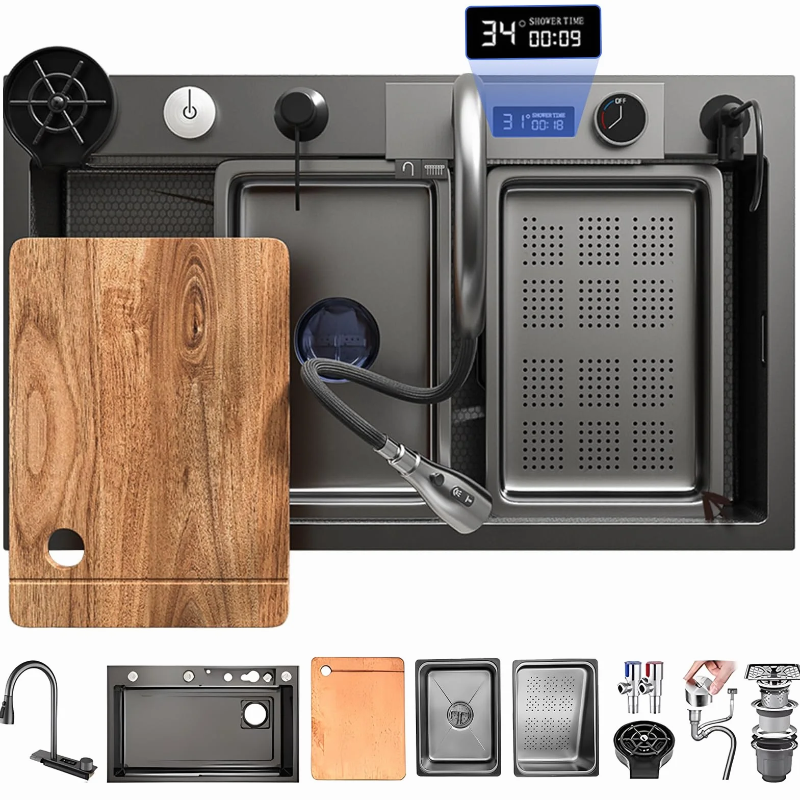 Fregadero De Cocina De Acero Inoxidable Con Cascada Y Grifo Extraíble Fregadero De Un Solo Tazón Con Montaje Superior Con Revestimiento Nanométrico Con Accesorios, Lavadora De Ollas A Presión, Tabla D