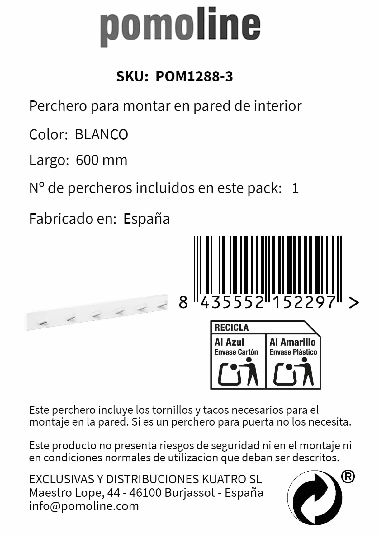 PERCHA pared madera diseño moderno NÓRDICO escandinavo BLANCO con 6 GANCHOS inclinados madera