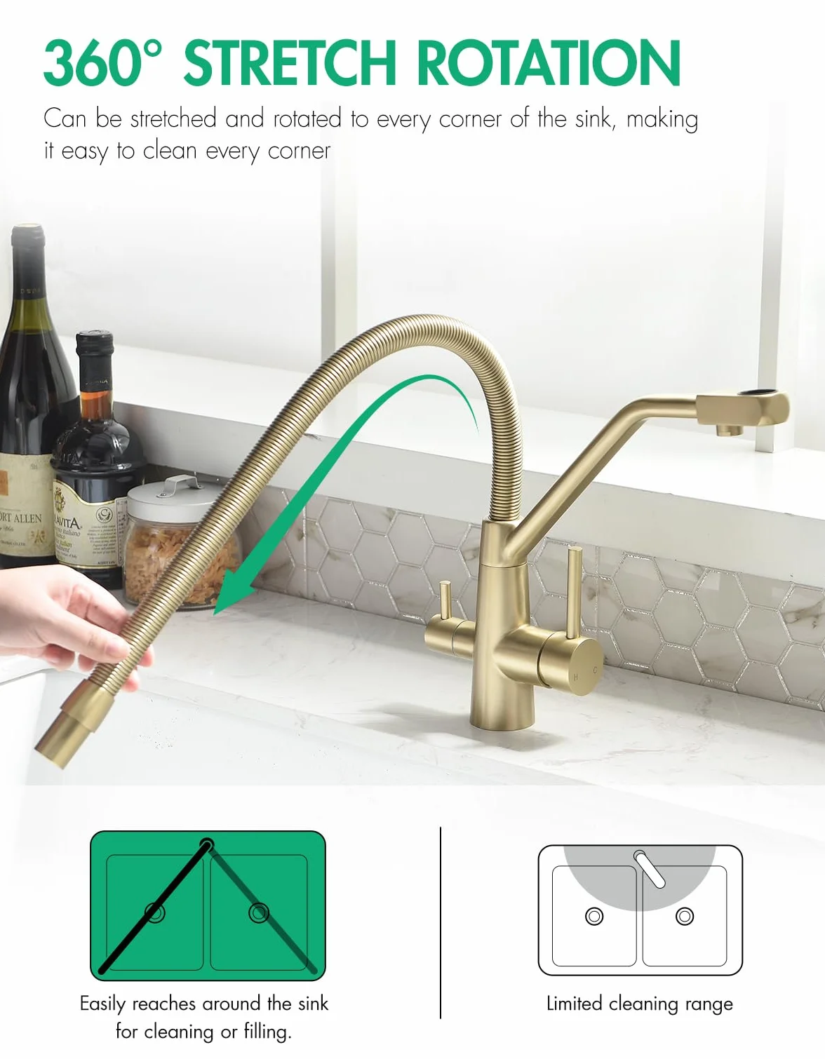 TIMACO Grifo de cocina dorado 3 vías giratorio 360° 3 en 1 para filtro de agua, grifo de resorte en espiral, doble palanca, alta presión, oro cepillado