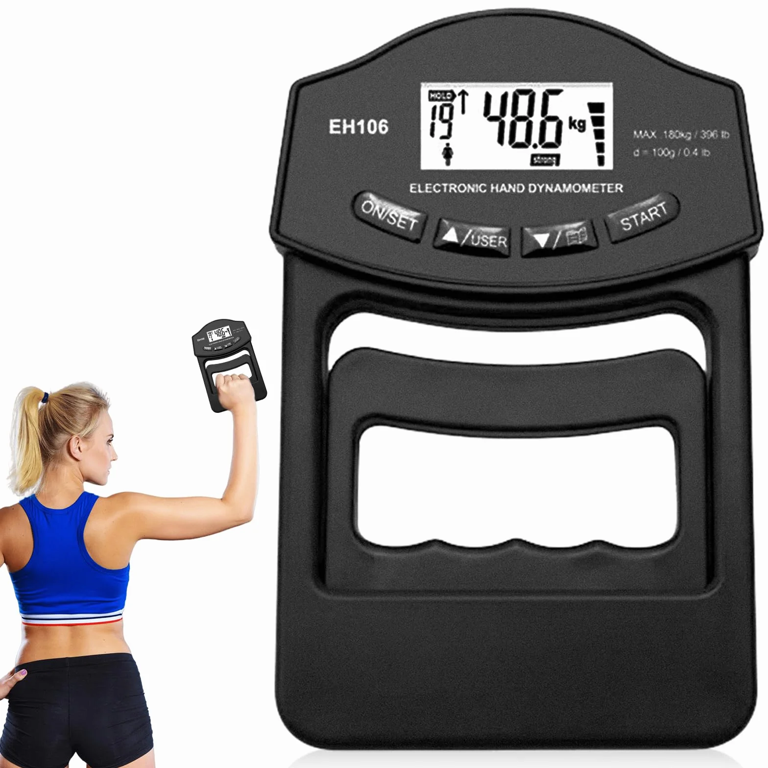 Dynamómetro digital de mano, 396 lb/180 kg, color negro, con cable de carga USB, agarre inteligente y sensible, medidor de fuerza de agarre electrónico, pantalla LED grande