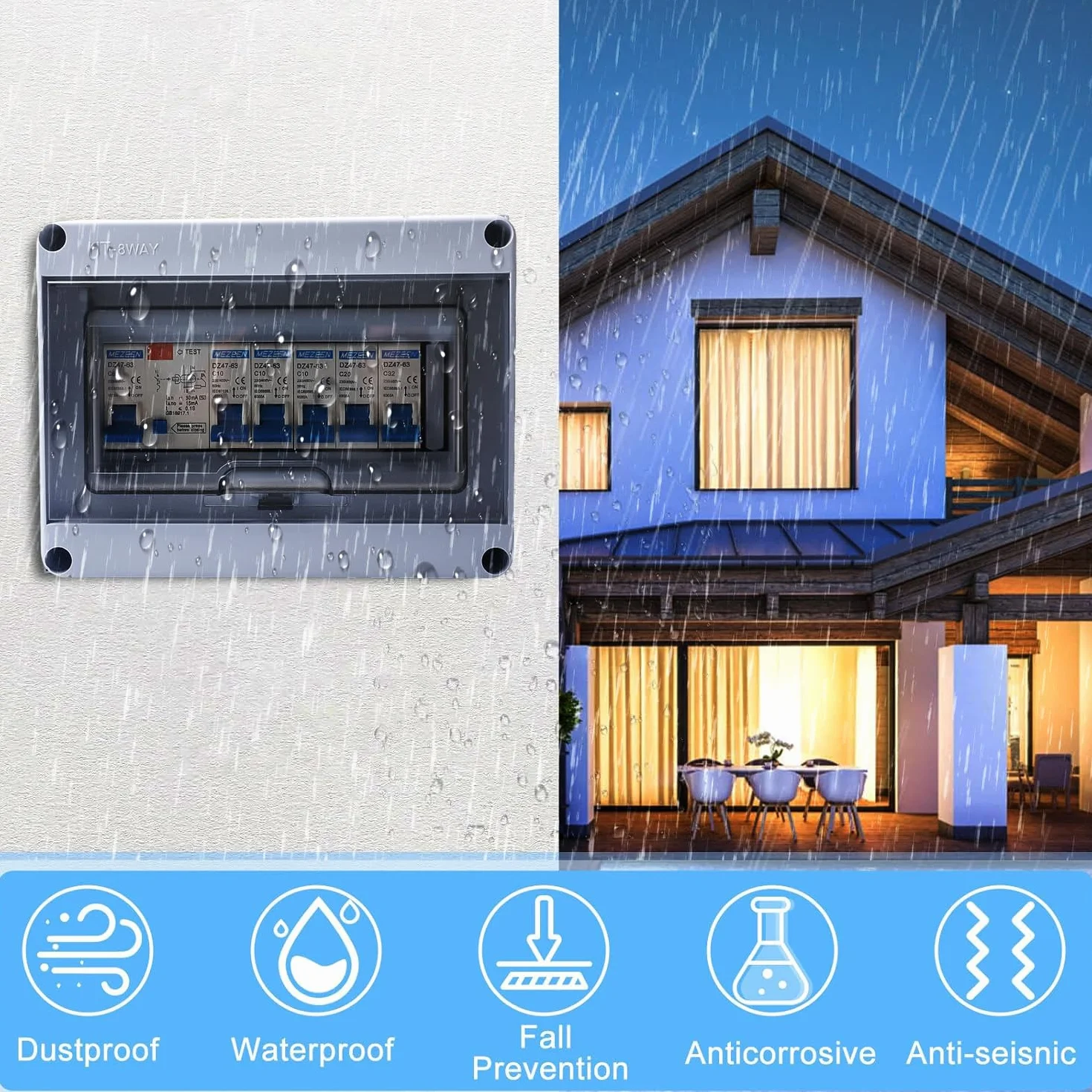 Caja de fusibles de superficie IP65 con disyuntor, disyuntor 63 A, 4 vías, 2 x 6 A+10 A+20 A+32 A, subdistribución en superficie, interruptor de separación CA, distribuidor pequeño, caja de