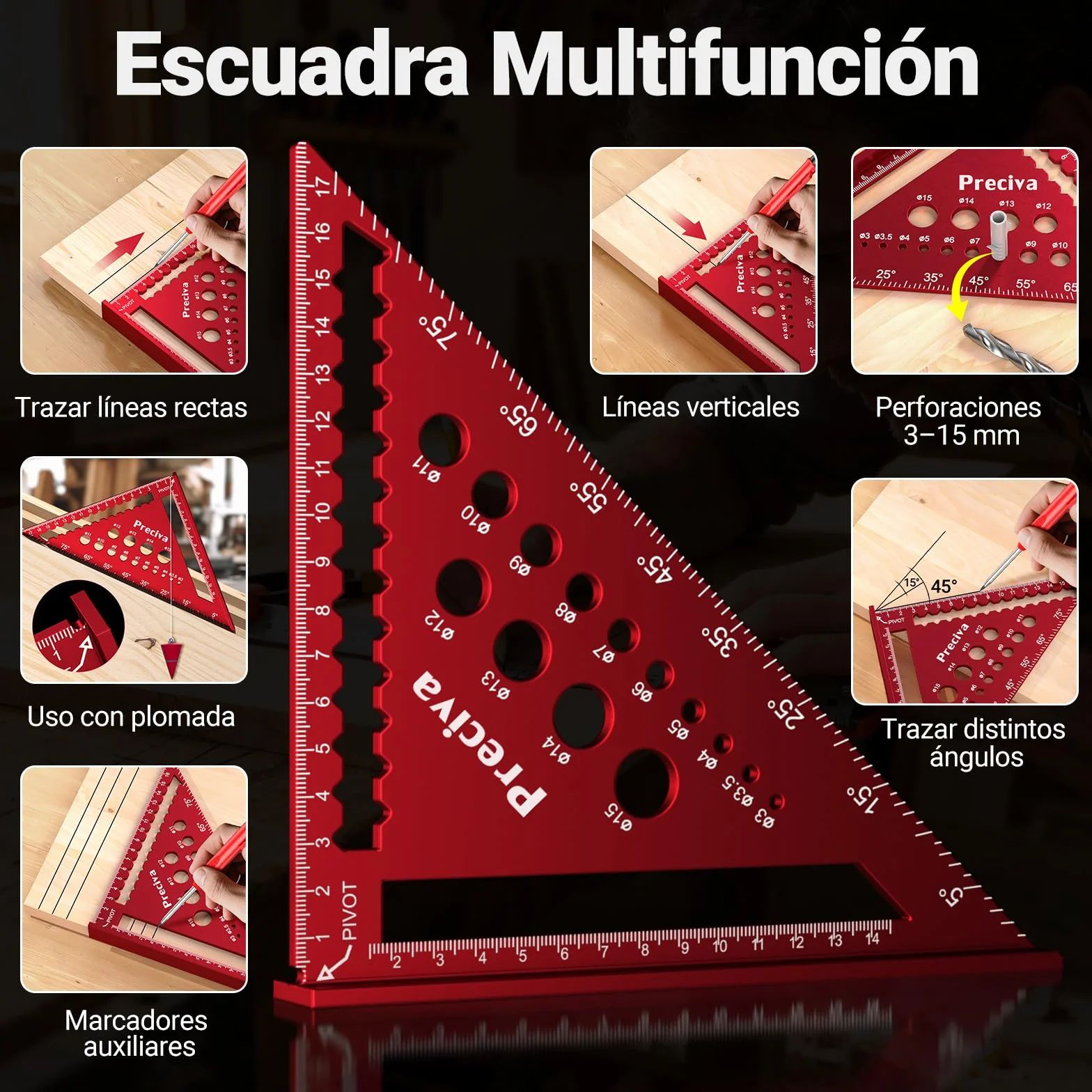 Kit de Carpintería, Escuadra Carpintero Multifuncional, Lápices de Carpintero con Sacapuntas y Estuche, Regla Metálica con Nivel Burbuja para Carpintero, Construcción, Dibujo