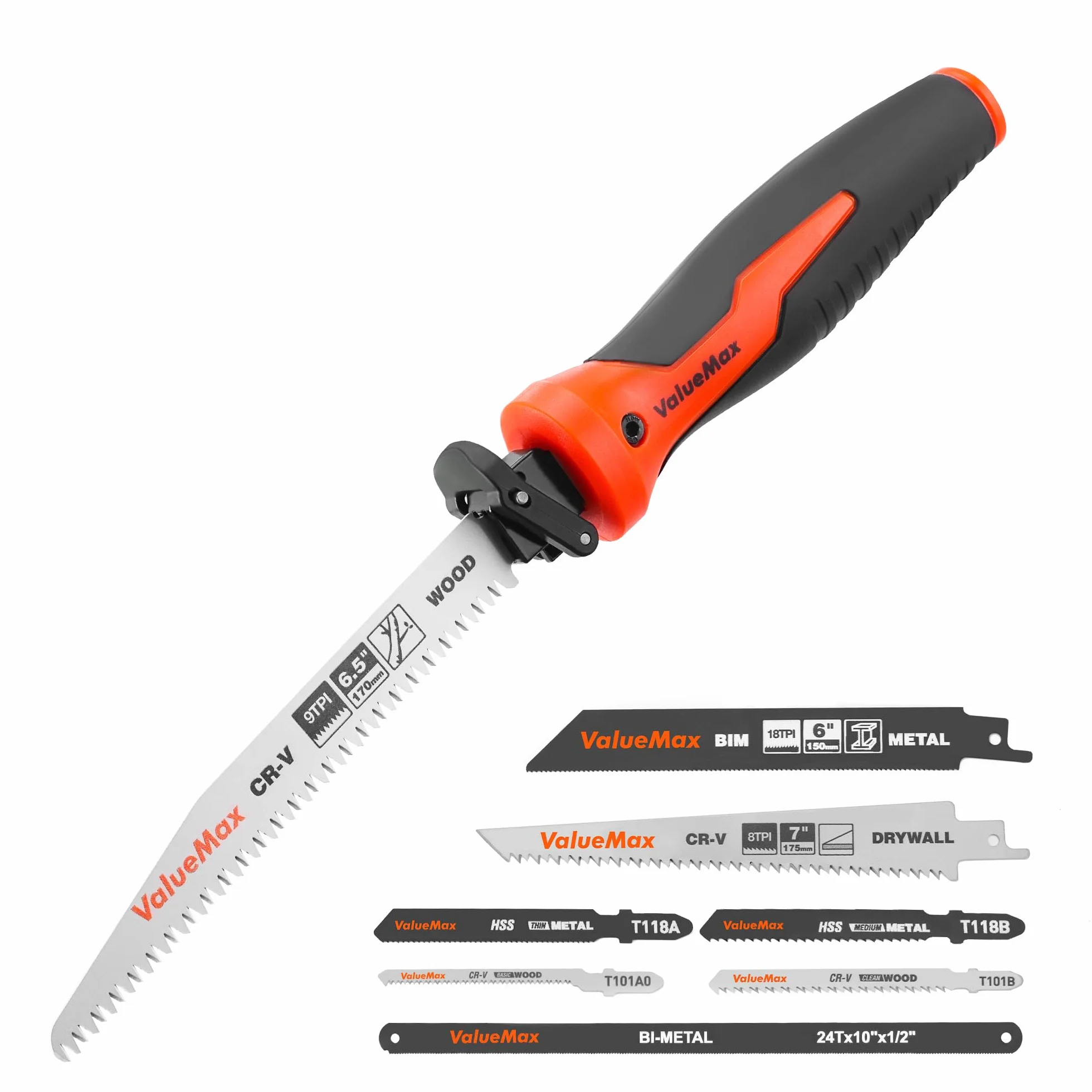 ValueMax Sierra de Mano Multifunción 8 en 1 con 8 Hojas de Sierra, Mango Ergonómico, Estructura Segura, Para Cortar Madera, Metal, Yeso, Paneles de Yeso y Más