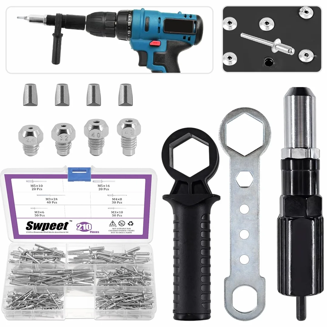 Swpeet - Kit de adaptador de pistola de remache eléctrica de aleación de acero negro de 211 piezas, incluye cabeza de remache de 2,4/3,2/4,0/4,8 mm de diámetro y llave de mango con kit de remaches