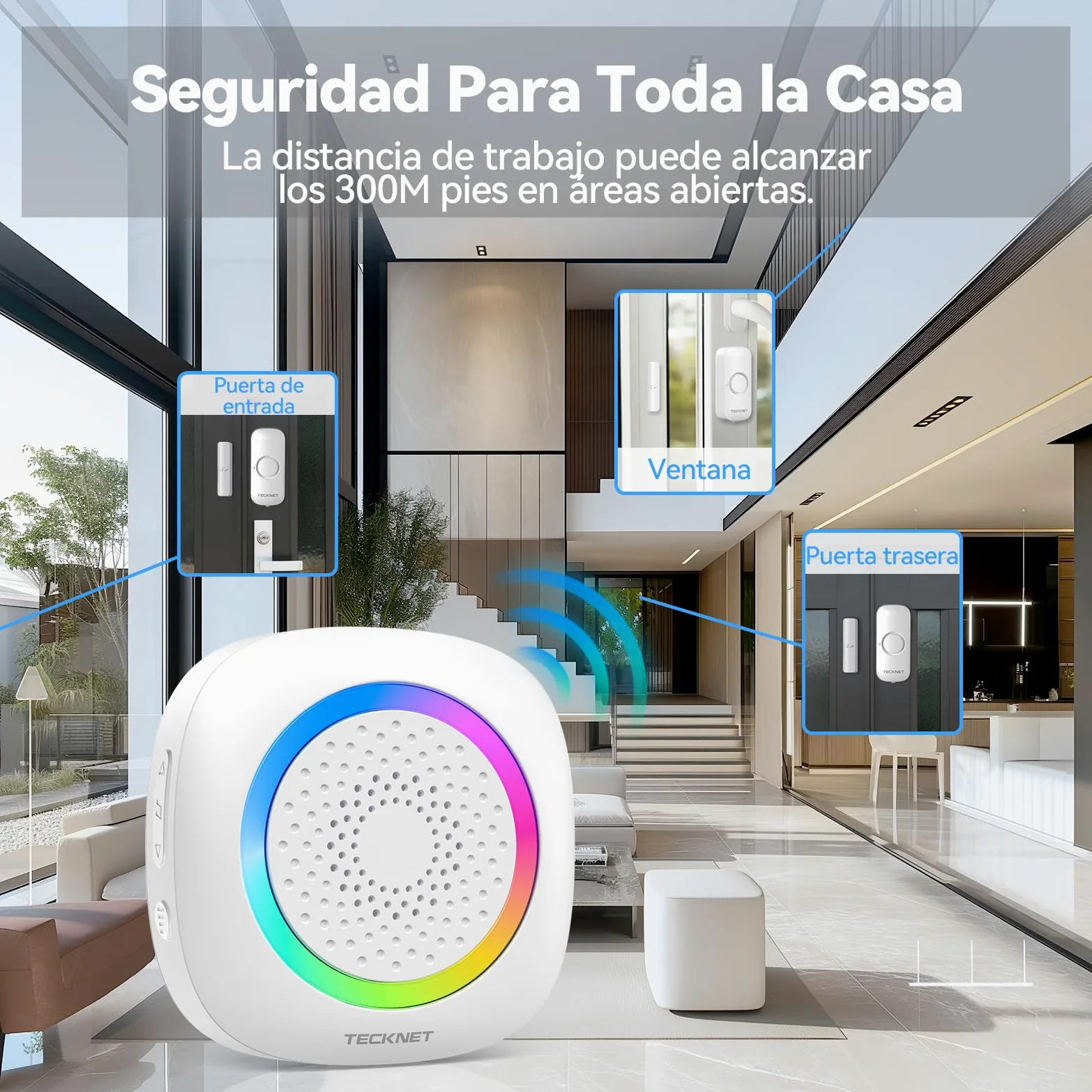TECKNET Alarma Casa con Timbre Y Sensor Apertura Puerta Magnético, 2*Sensor | Alcance de 300m, 61 Melodías, Indicador RGB, Sistema de Seguridad para Hogar, Tienda u Oficina