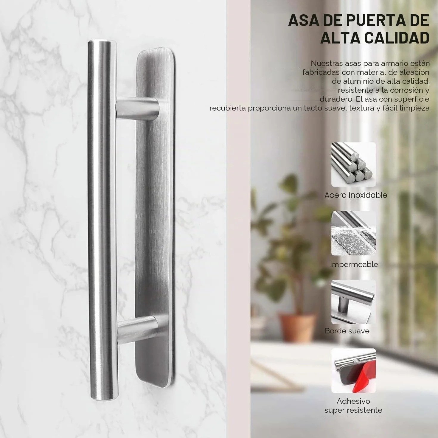 Tiradores Armarios 2 Piezas, Tiradores Cajones de Acero Inoxidable, Tiradore Cocina 148mm, Manija Autoadhesiva para Muebles Puerta y Ventana Baños, Plateados