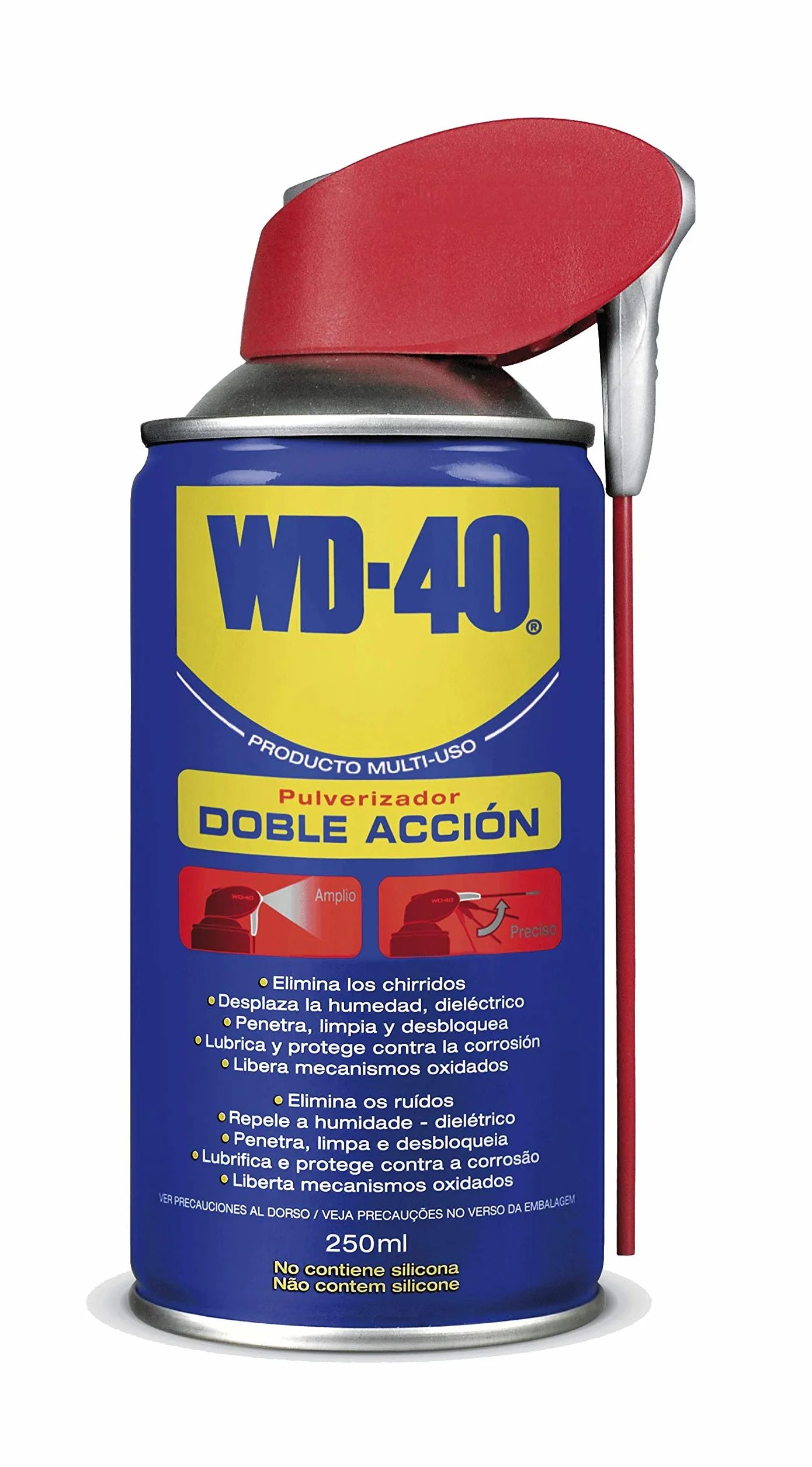 WD-40 Producto Multi-Uso Doble Acción Spray 250 ml, Lubrica, Afloja, Protege del óxido, Dieléctrico, Limpia metales, plásticos y Desplaza la humedad, Color Blanco