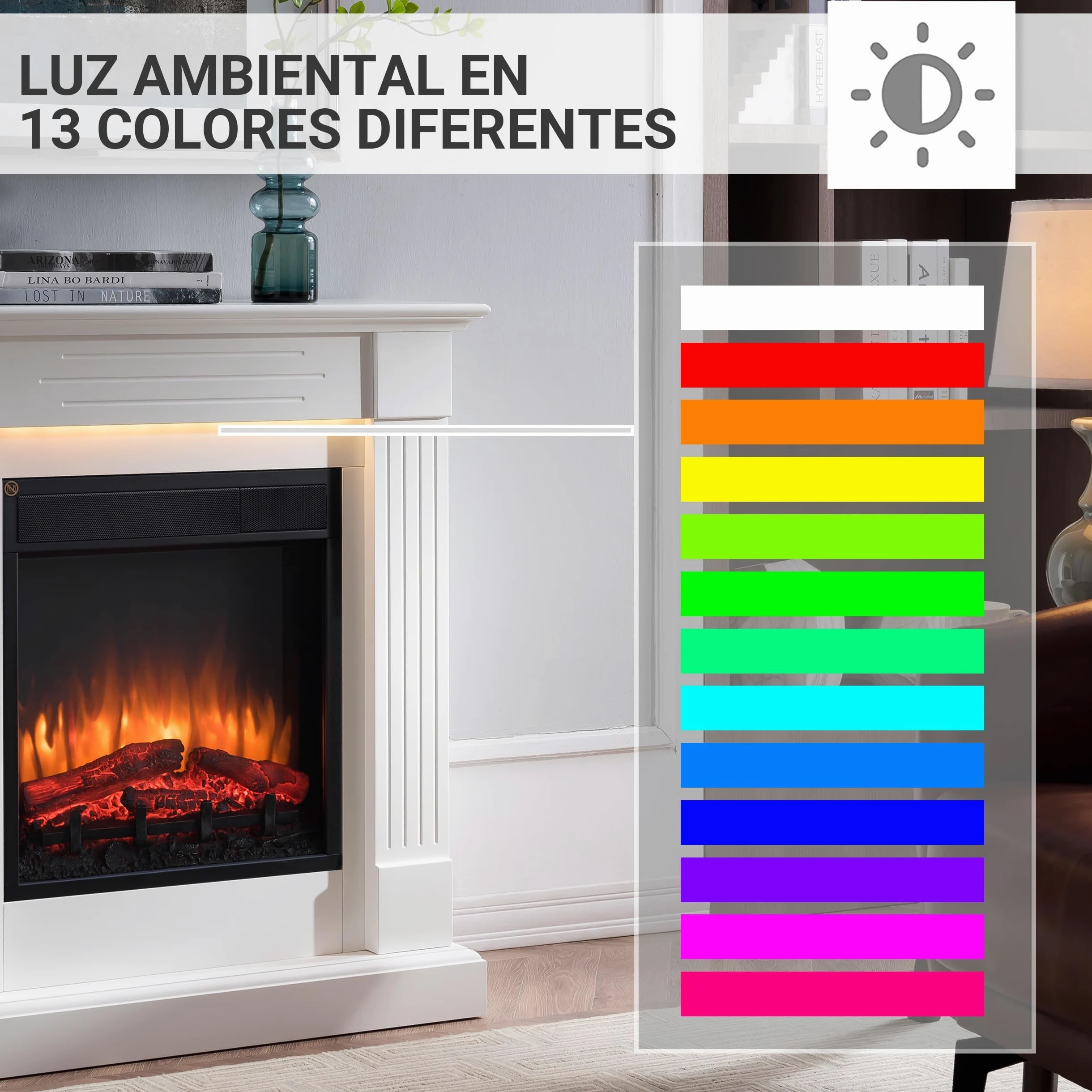 BALDERIA Chimenea eléctrica de pie Ladina, 2000 W, Blanco | Efecto de Llama 3D, Calentador, Calefacción, Iluminación Ambiental LED, Mando a Distancia, Temporizador y termostato