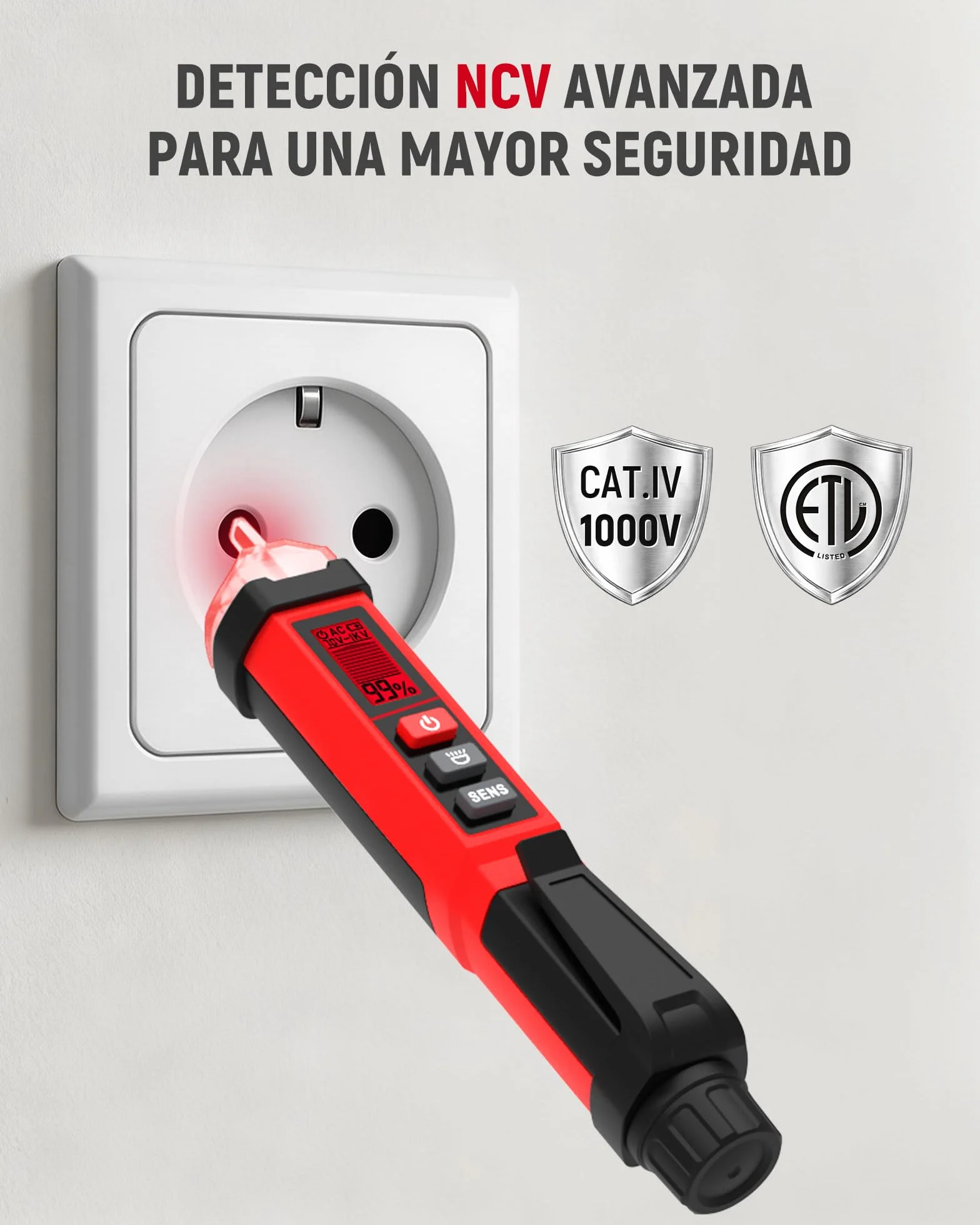 KAIWEETS Detector de Voltaje NCV 12-1000V AC Probador con Pantalla LCD Indicador Señal Alarma Sonora Linterna LED Buscapolos Eléctrico ETL CAT IV