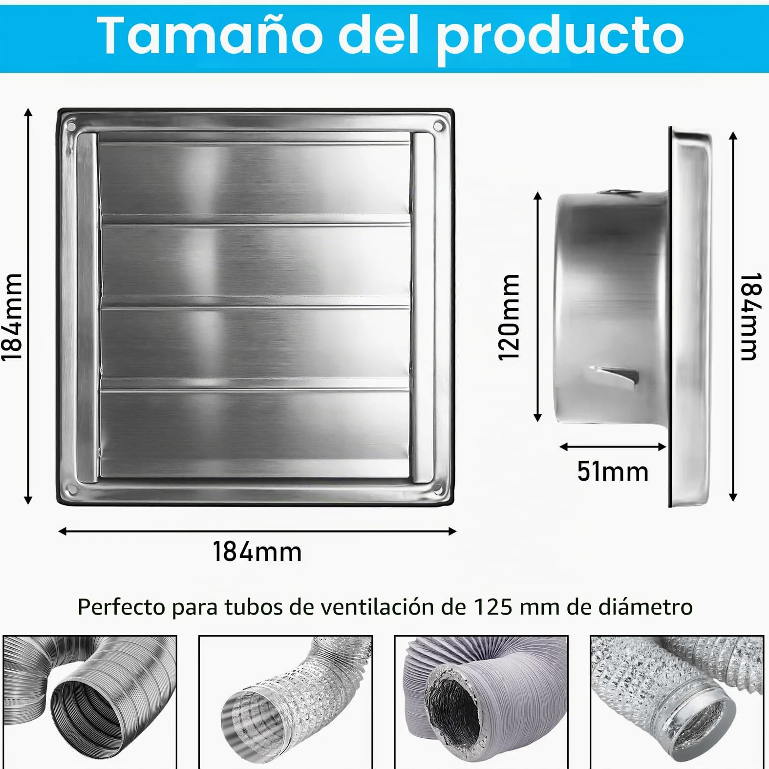 Rejilla de ventilación de acero inoxidable de 125 mm: válvula antirretorno, rejilla de protección contra la intemperie con rejilla de protección contra insectos, rejilla de láminas para tubo de