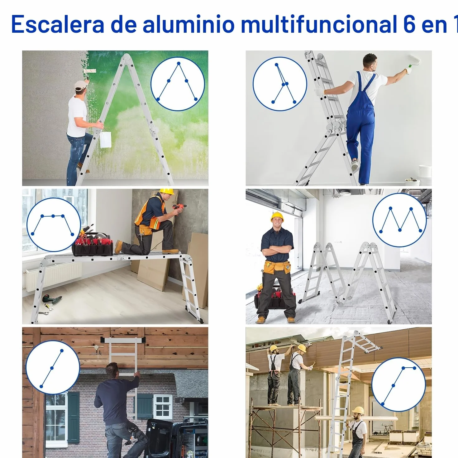 Escalera Multifunción de Aluminio 7 en 1 - 5,82 m, 4 x 5 Peldaños, 2 Placas de Andamios, 2 Ruedas - Plegable, de Trabajo, Doméstica - Hasta 150 kg