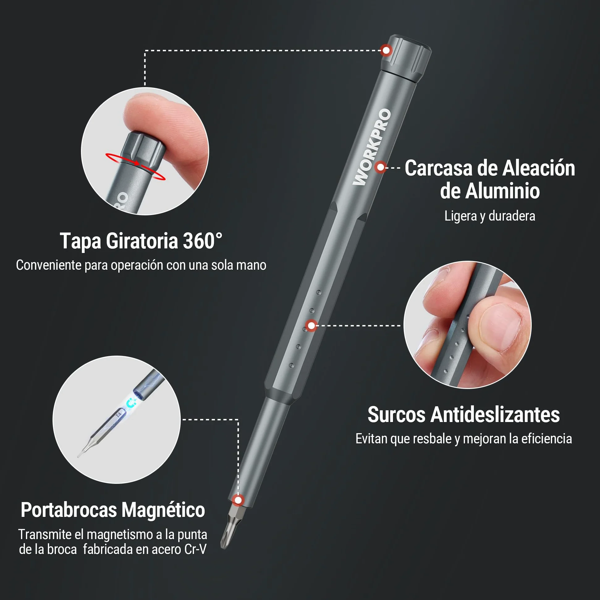 WORKPRO Destornilladores Precisión 60 en 1, Puntas Magnéticas CR-V | Estuche Compacto de Aluminio con Mango Giratorio para Reparar Electrónica, Gafas, Relojes y Móviles